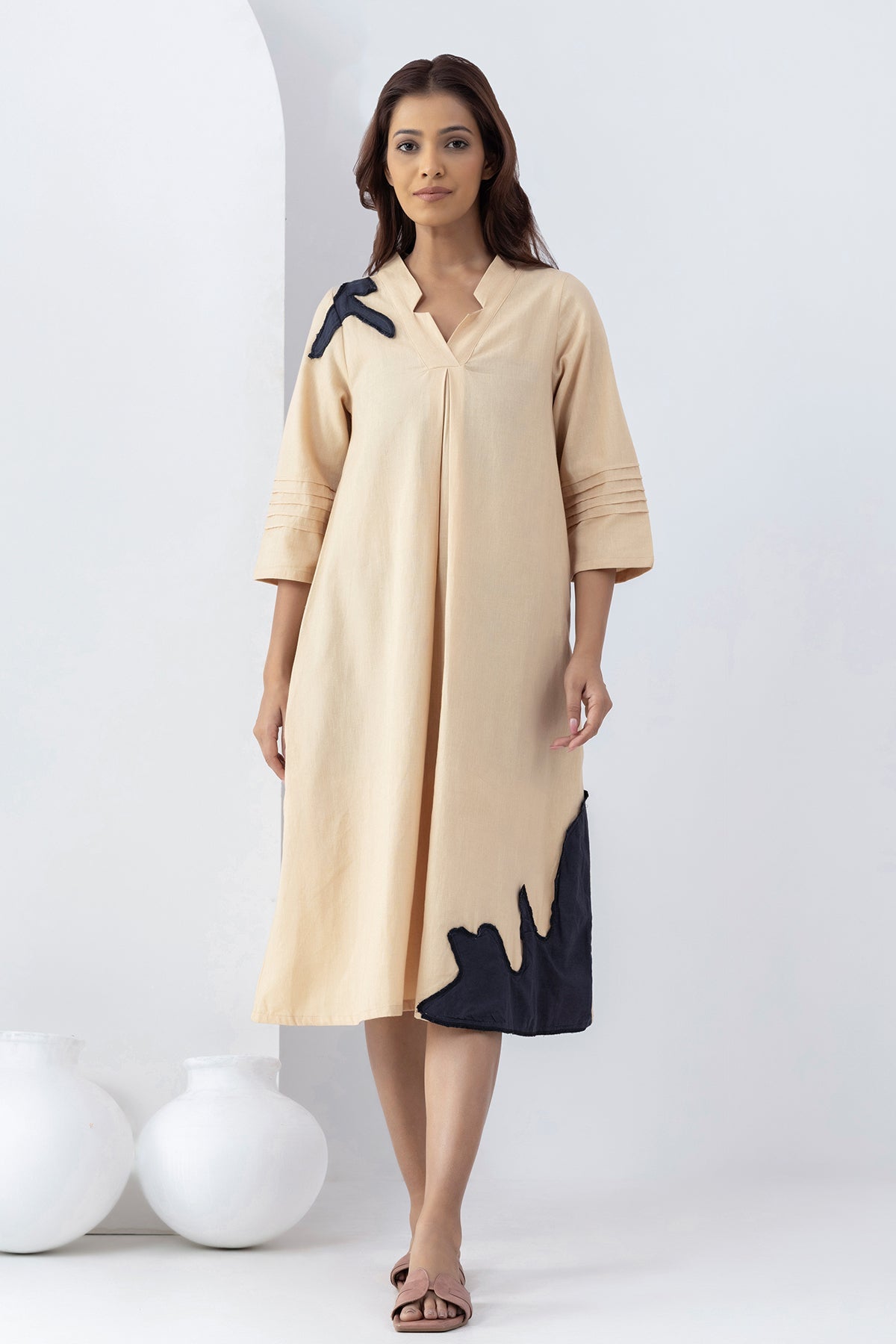 Buy Warm Sand Patchwork Midi Dress by Markkah Studio for Women online at ScrollnShops