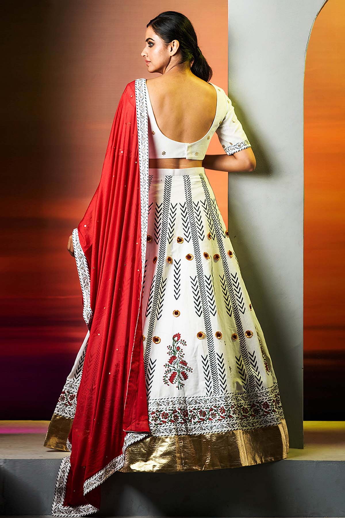 White Block Printed Lehenga Set