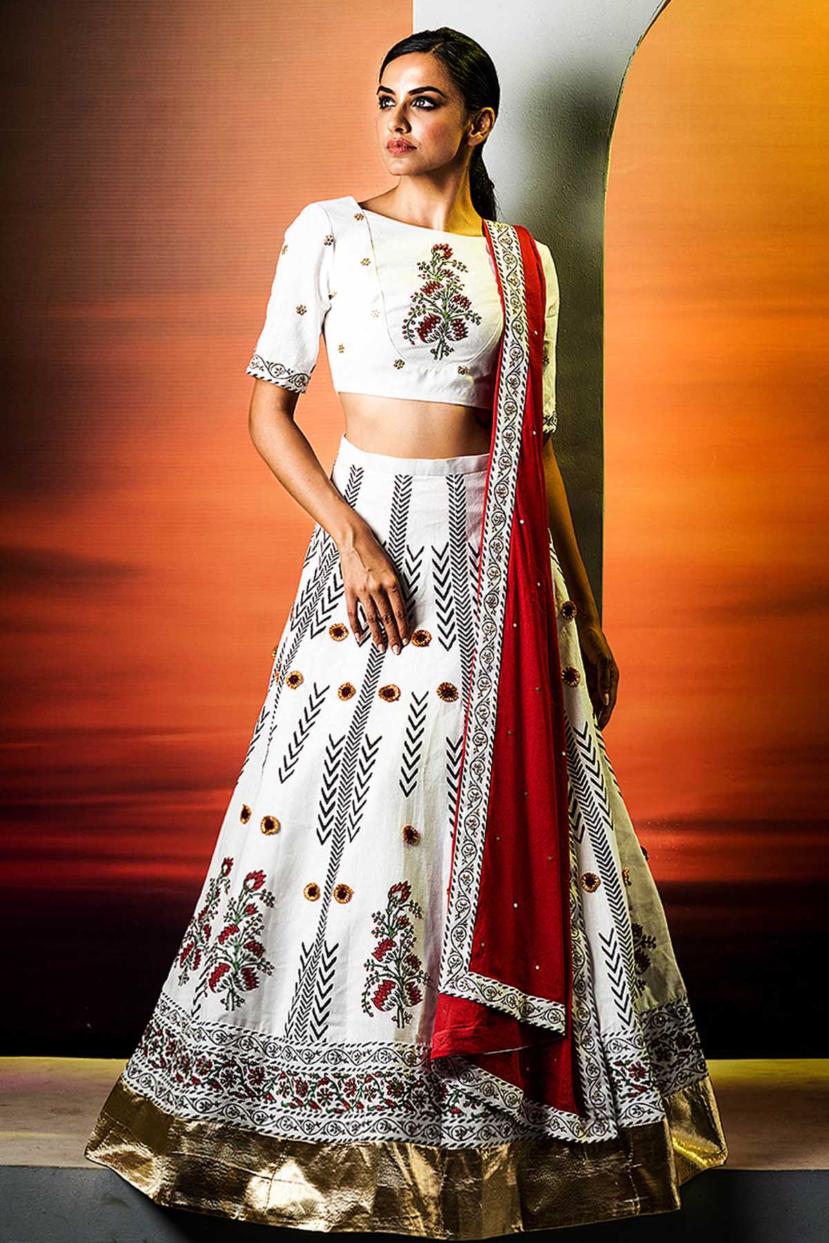White Block Printed Lehenga Set