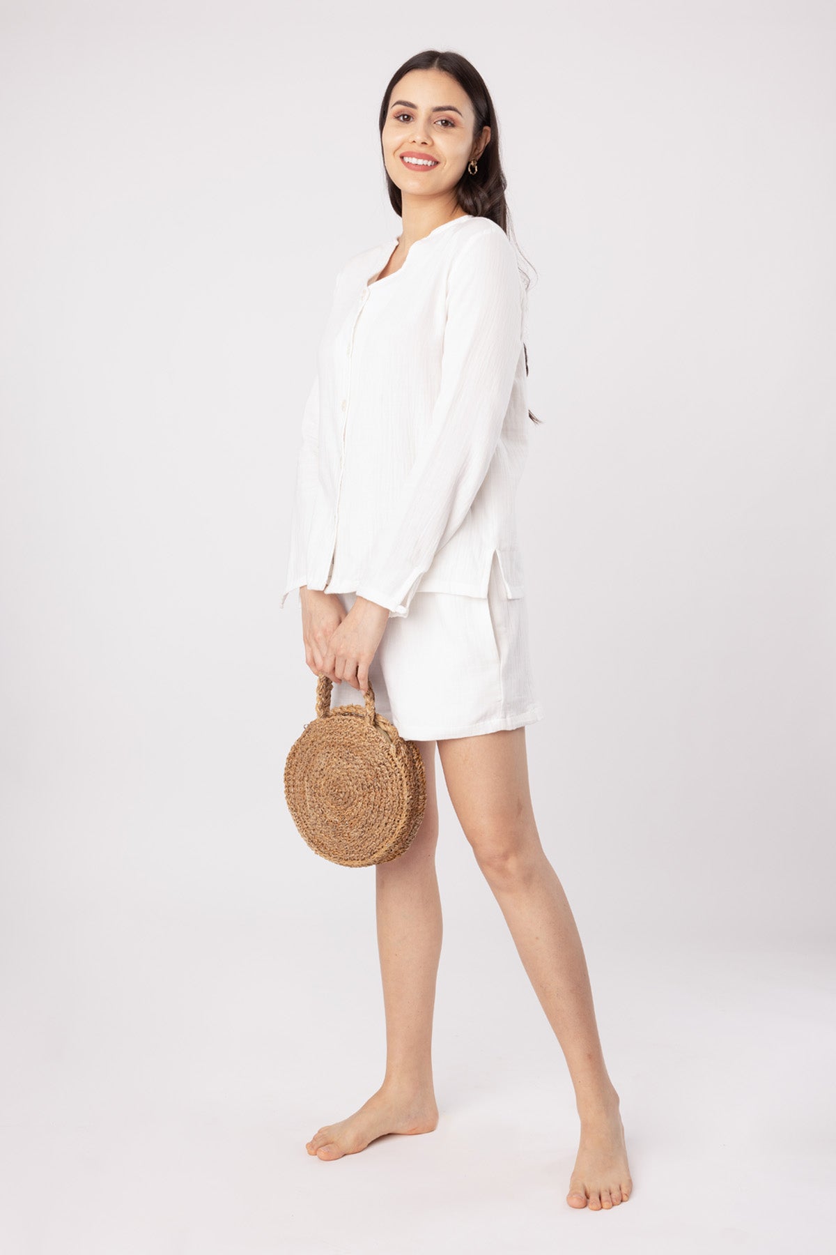 White Cotton Blend Shorts Set