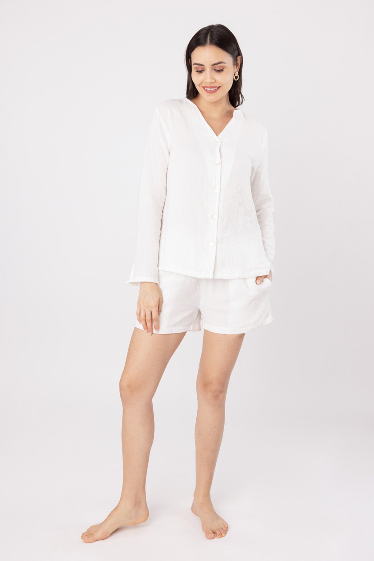 White Cotton Blend Shorts Set