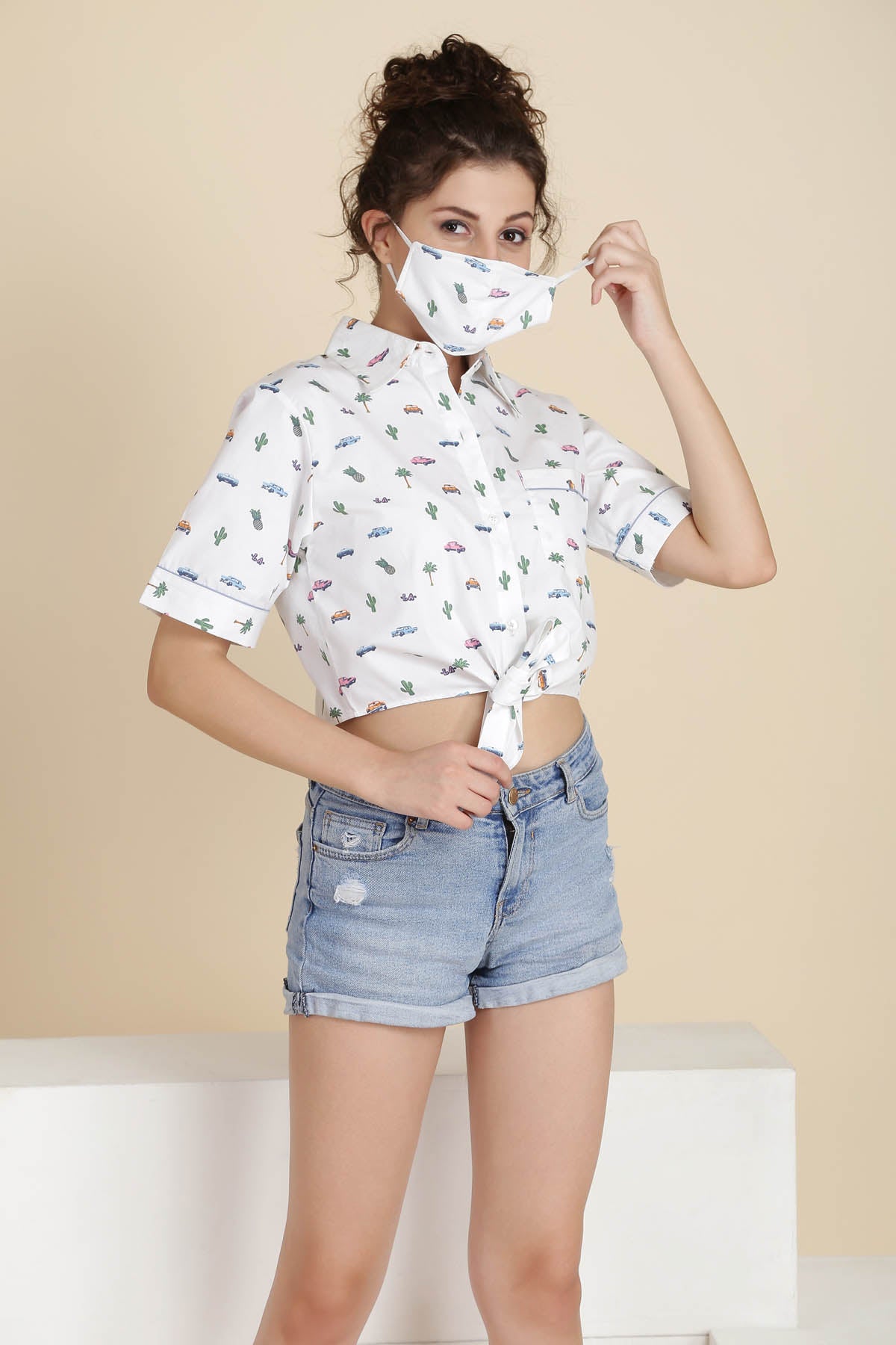 White Cotton Front Knot Shirt