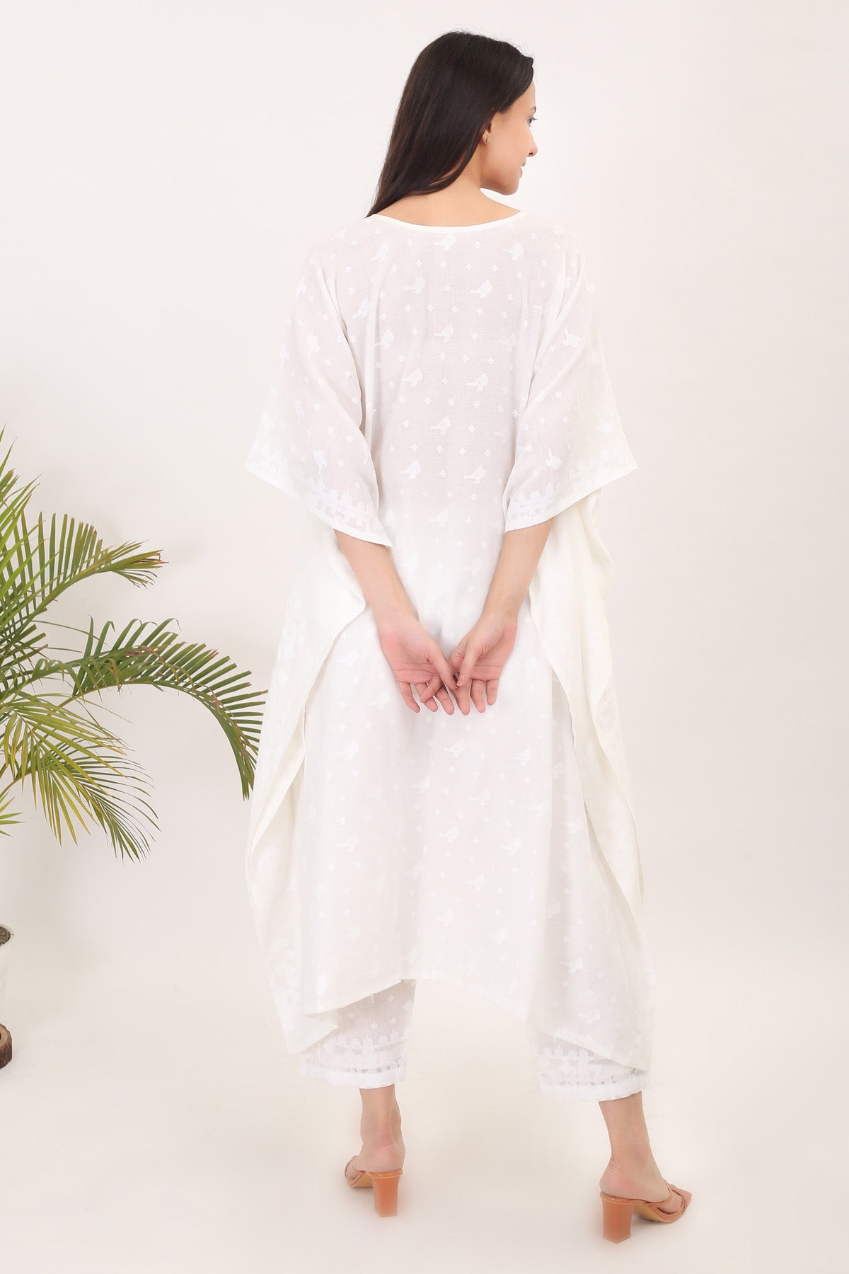 White Cotton Jamdani Kaftan Set