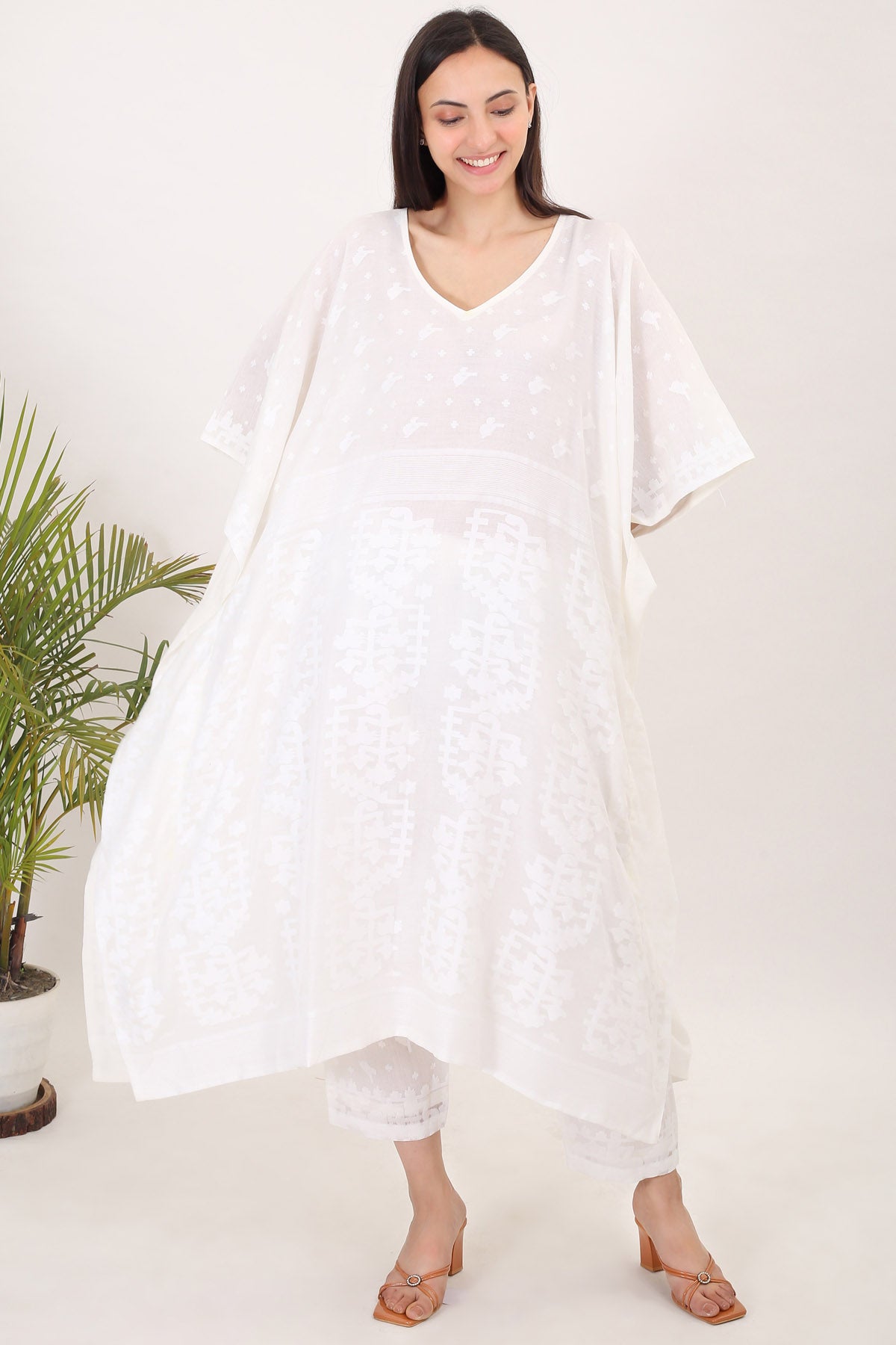 White Cotton Jamdani Kaftan Set