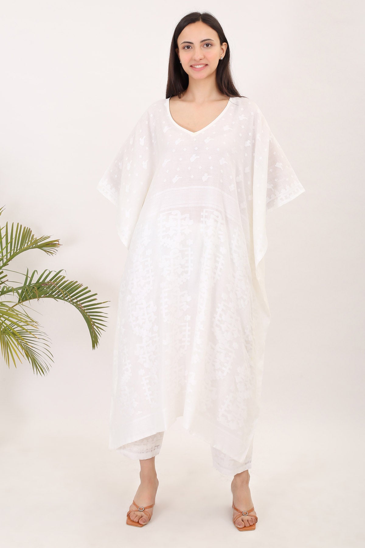 White Cotton Jamdani Kaftan Set