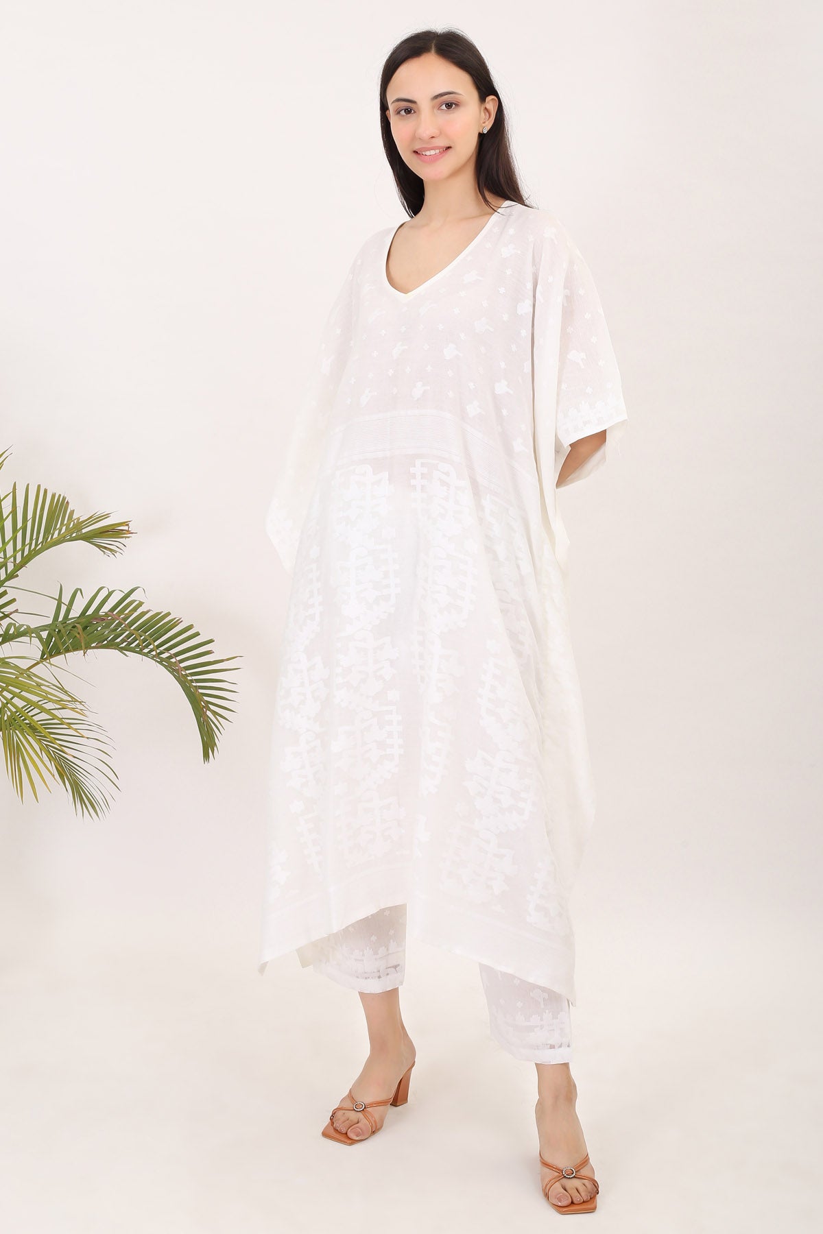 White Cotton Jamdani Kaftan Set