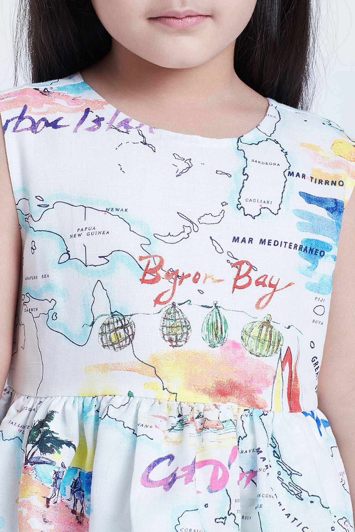 White Cotton Map Printed Dress