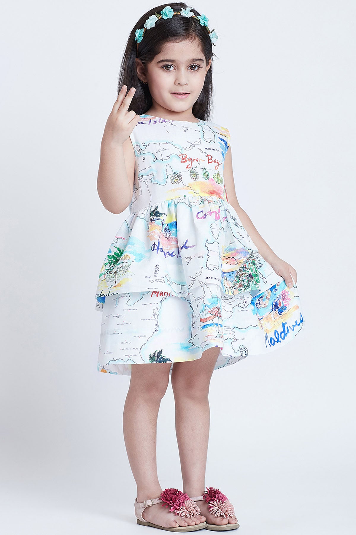 White Cotton Map Printed Dress