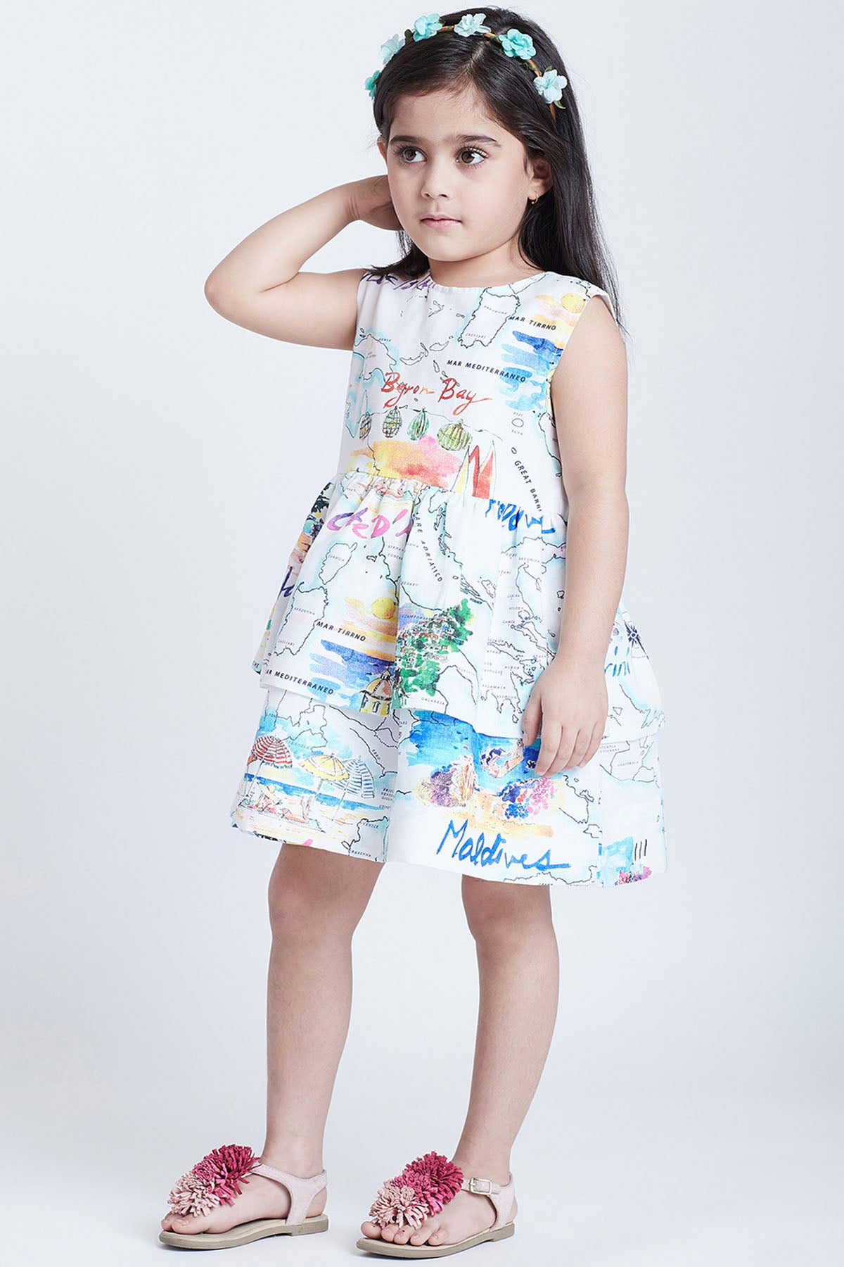 White Cotton Map Printed Dress