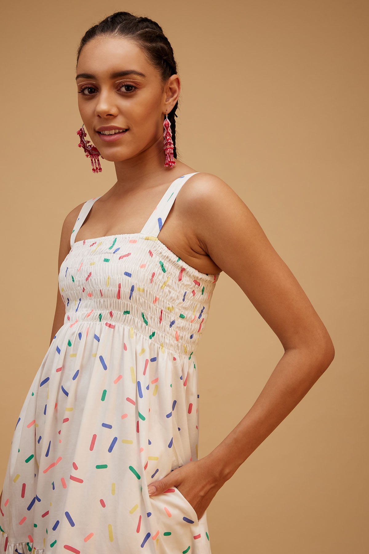 White Cotton Print Flare Dress