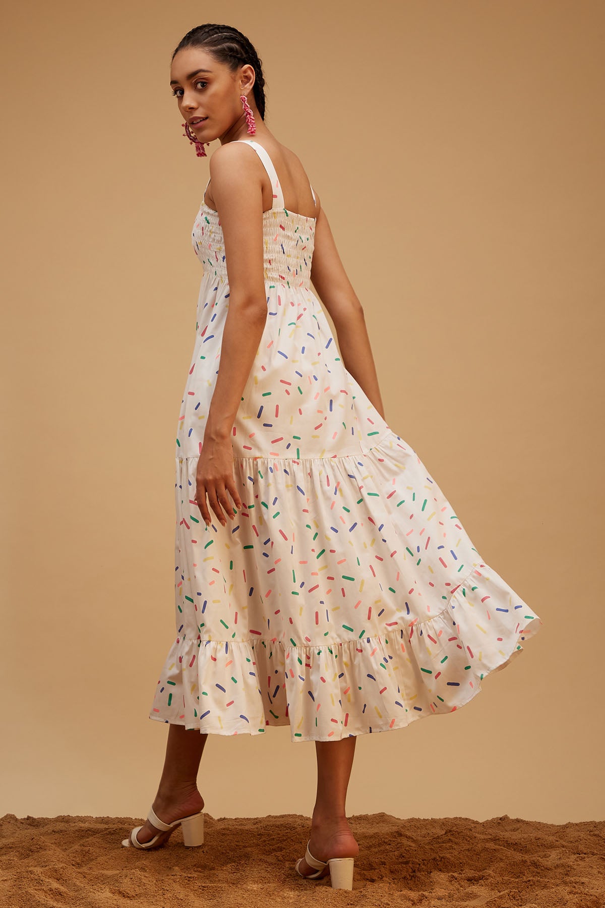 White Cotton Print Flare Dress