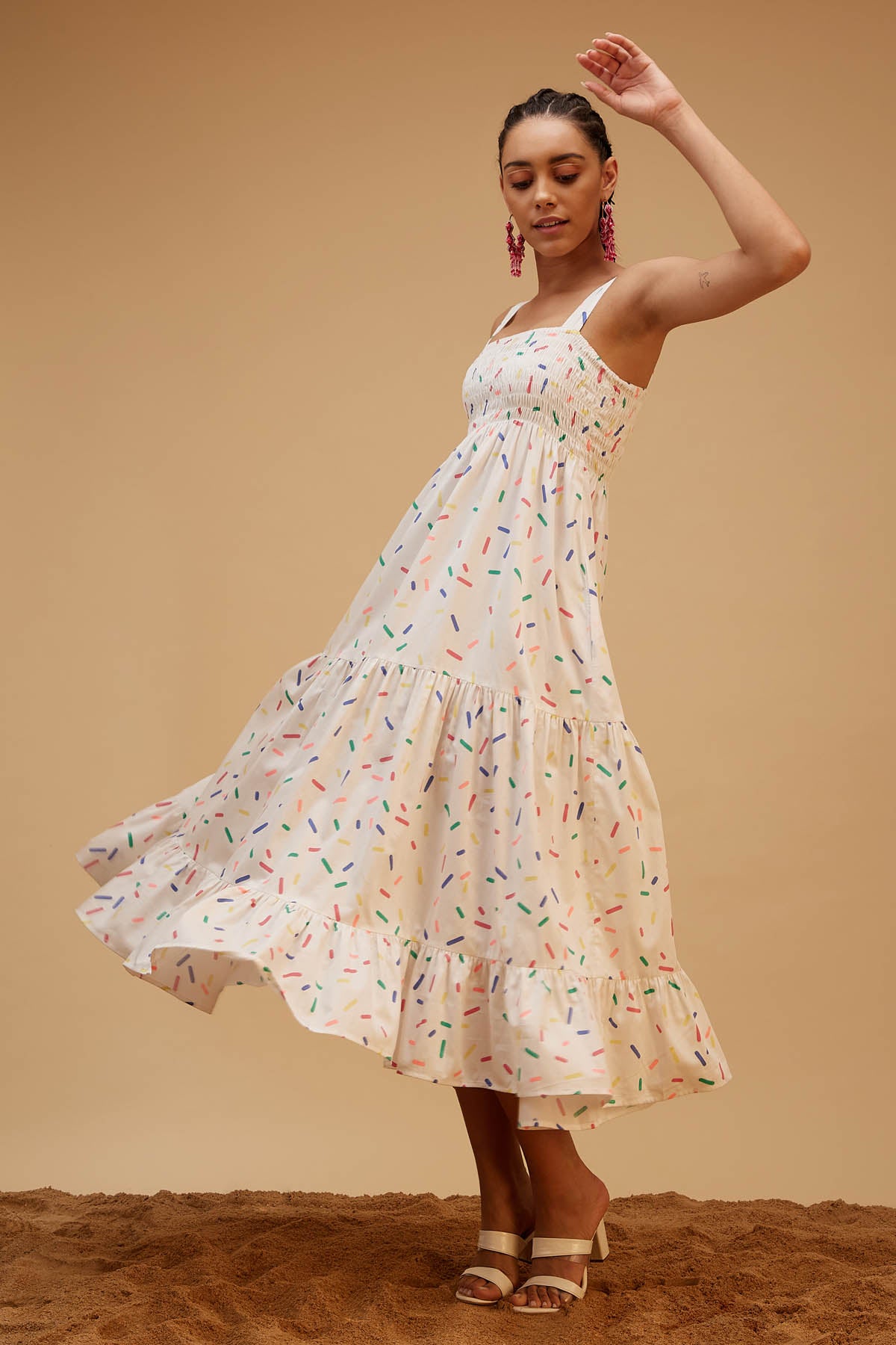 White Cotton Print Flare Dress