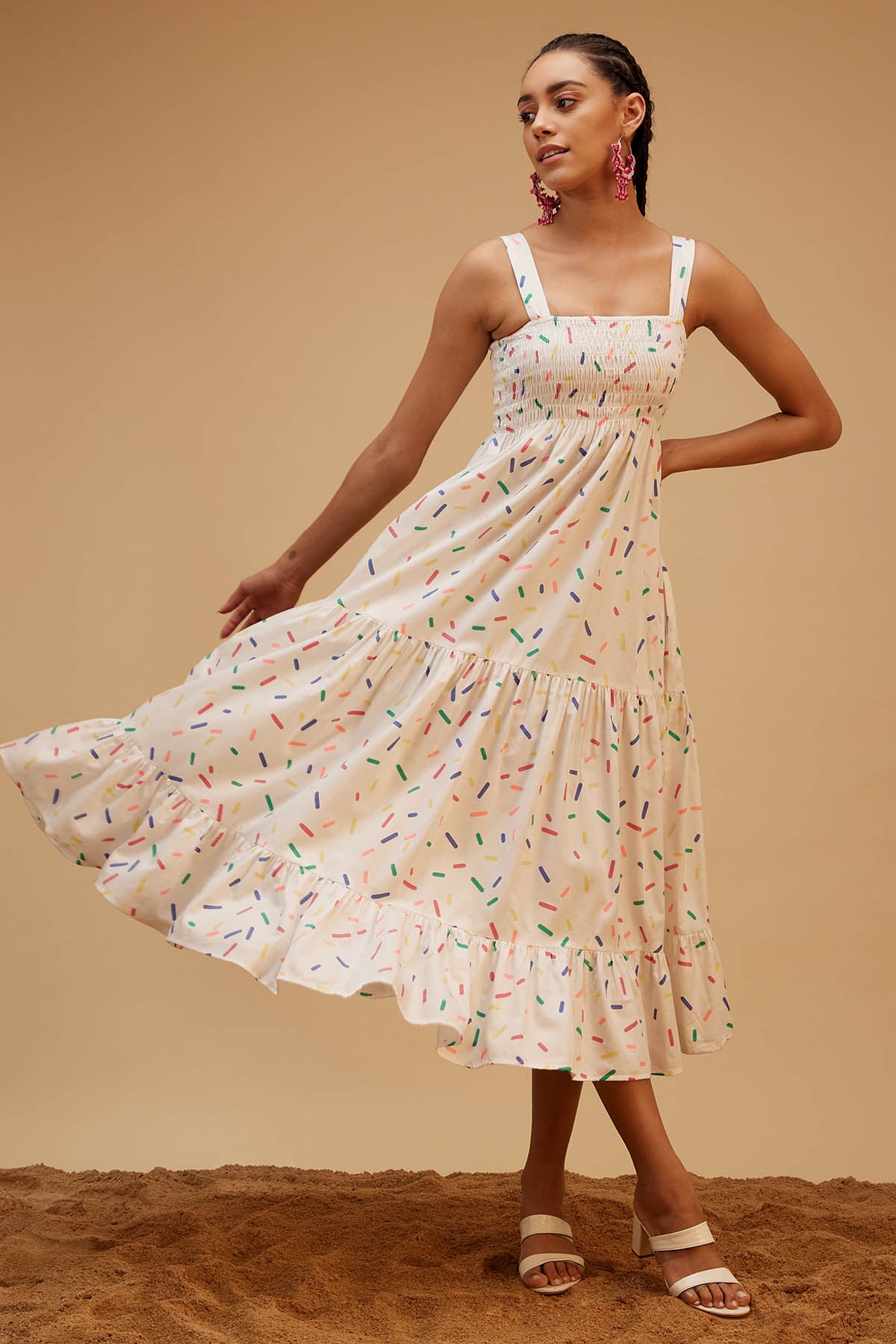 White Cotton Print Flare Dress