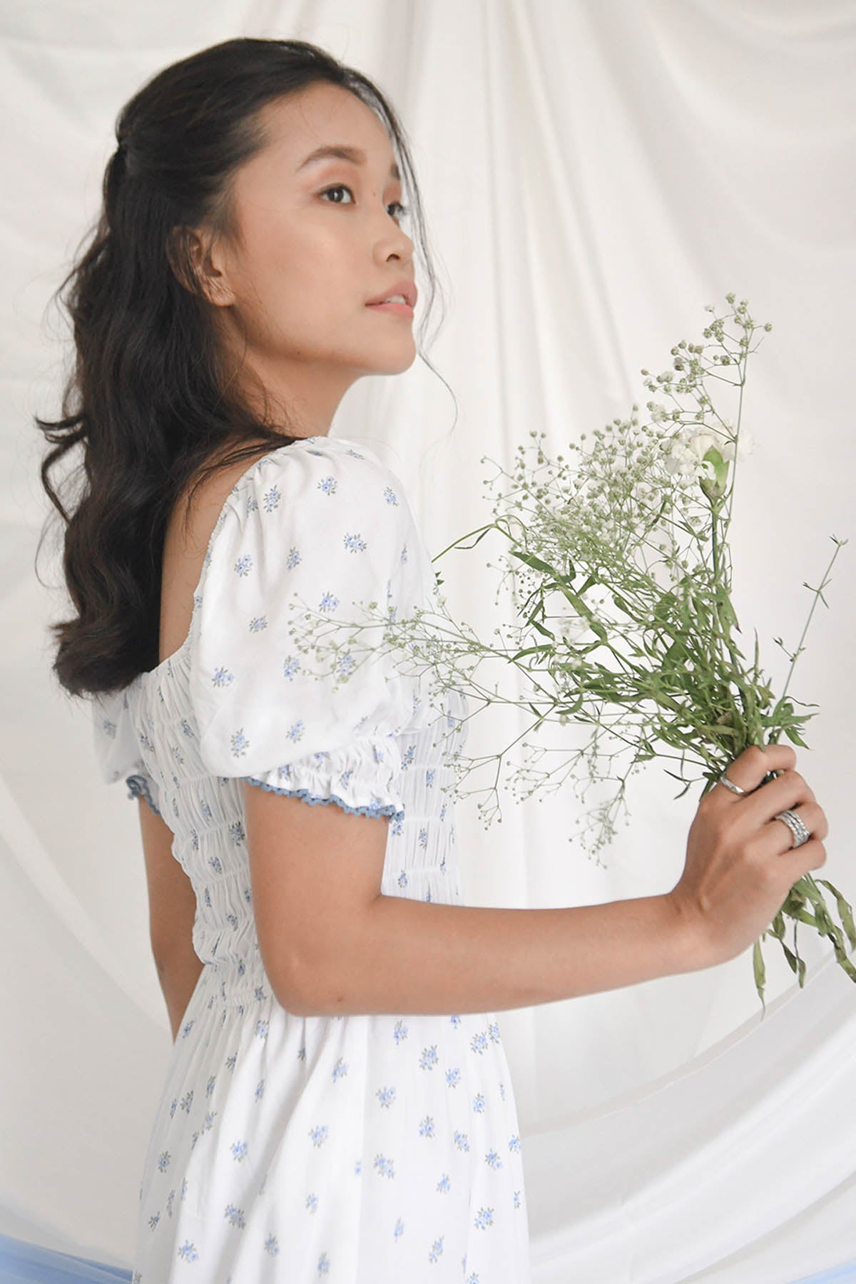 White Cotton Rose Print Dress