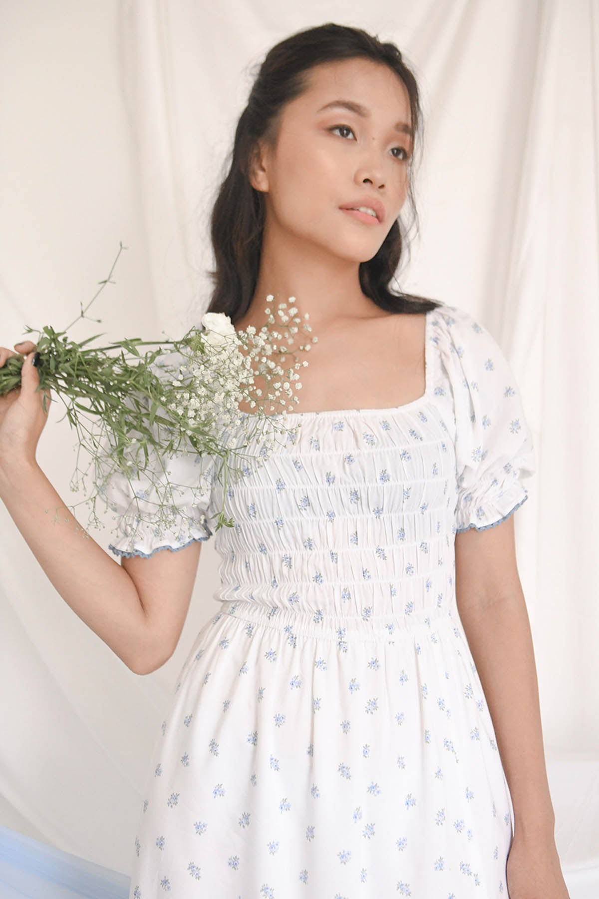 White Cotton Rose Print Dress