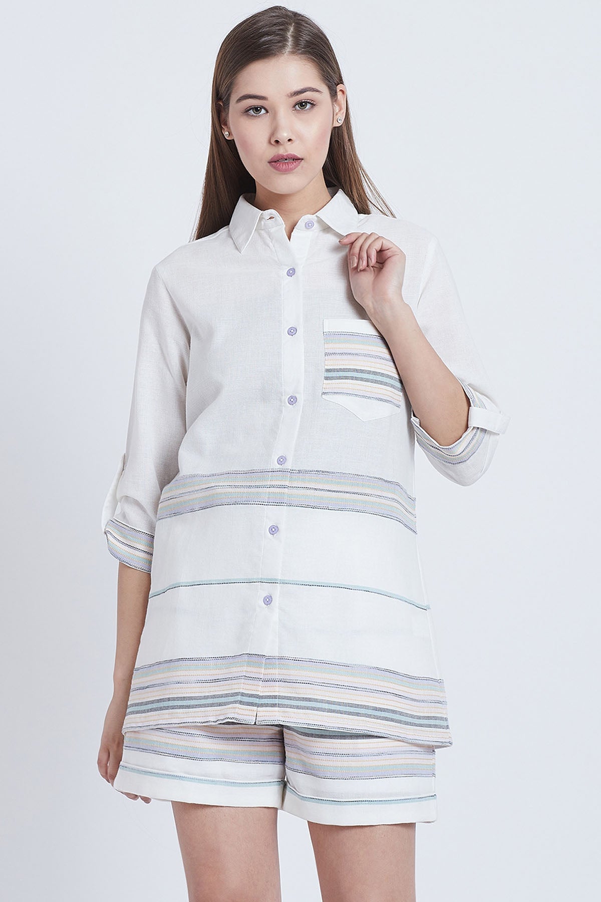 White Cotton Stripe Co-ord Set