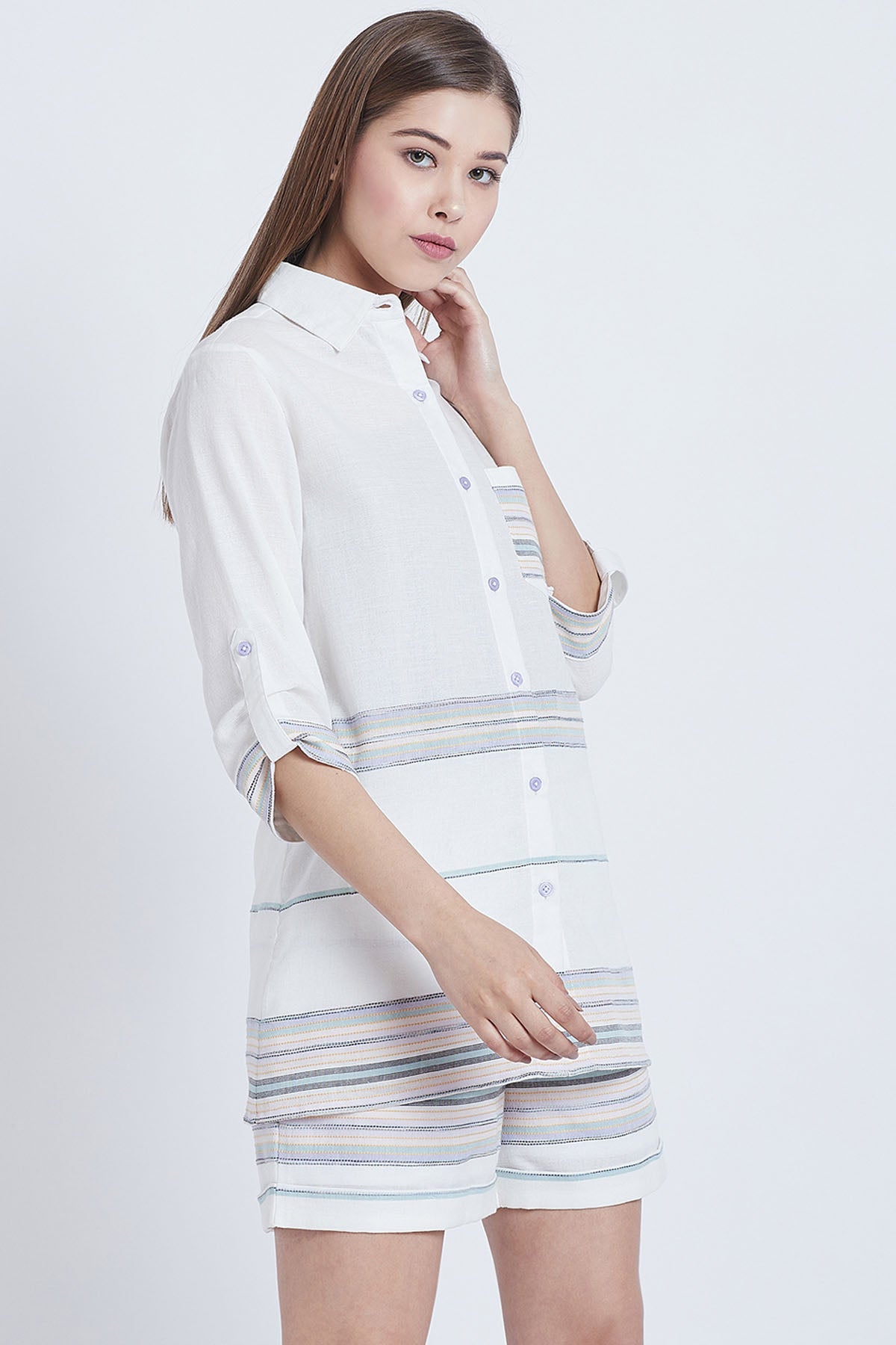 White Cotton Stripe Co-ord Set