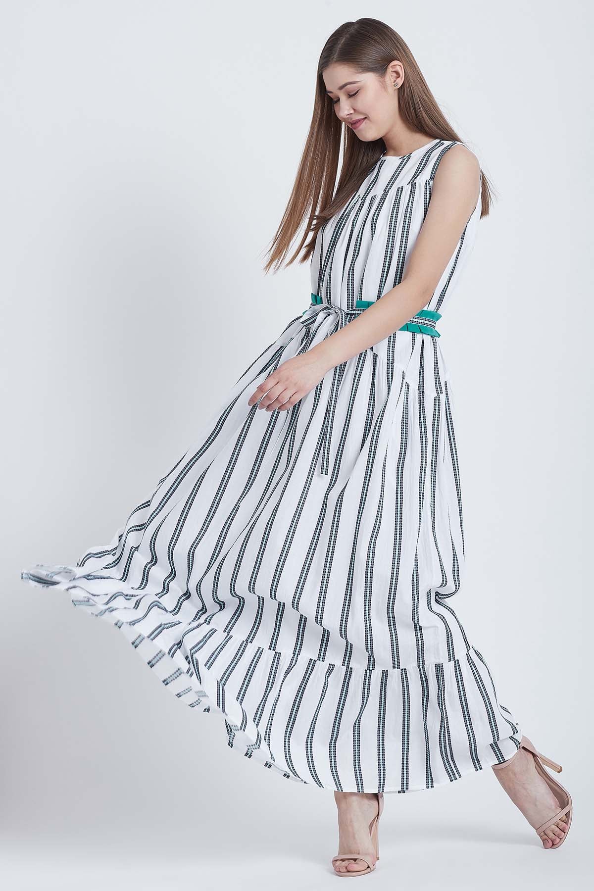 White Cotton Striped Dress