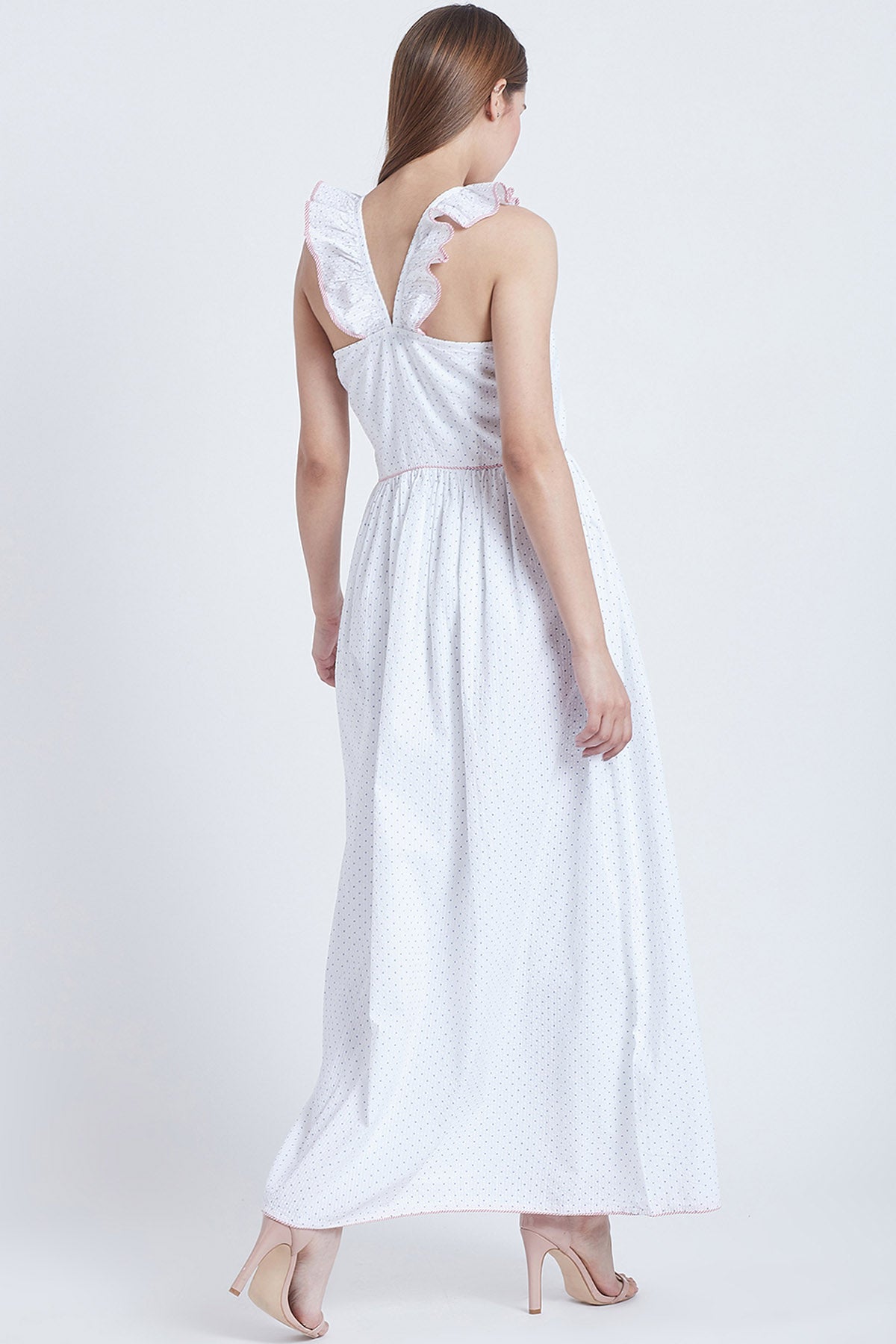 White Cotton V Neck Frill Dress