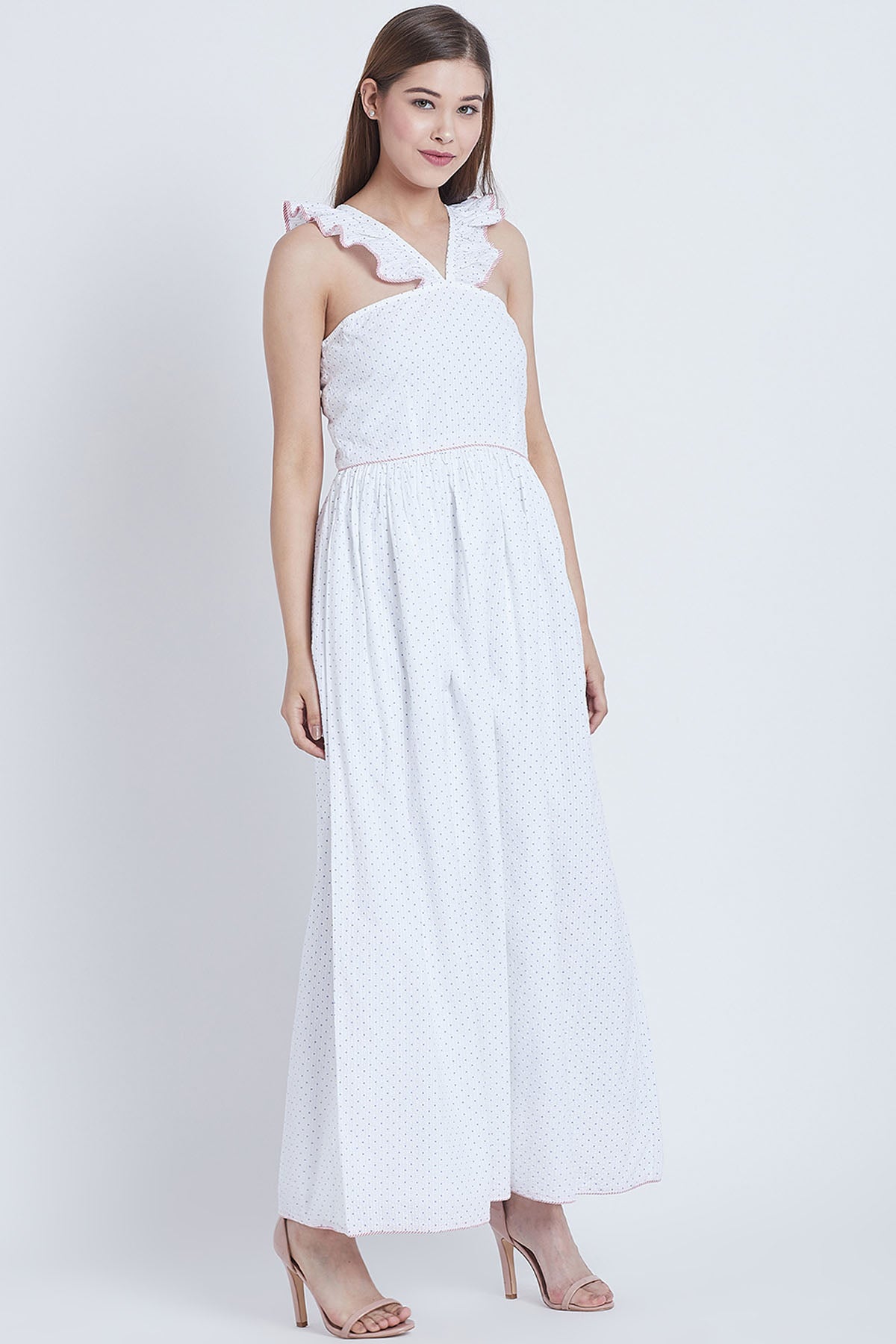 White Cotton V Neck Frill Dress