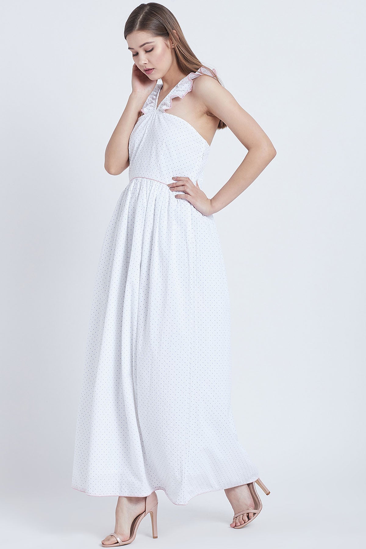 White Cotton V Neck Frill Dress