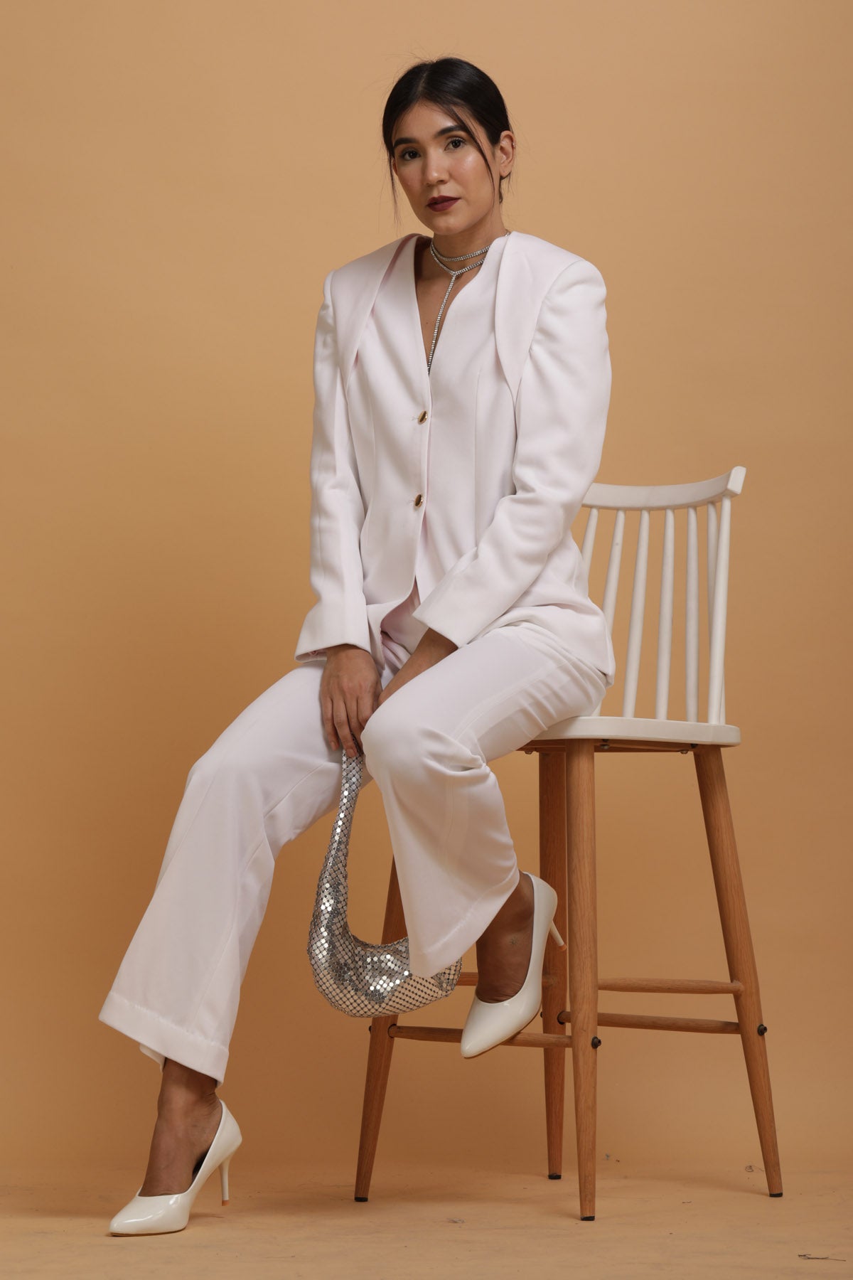 White Crepe Blazer Set