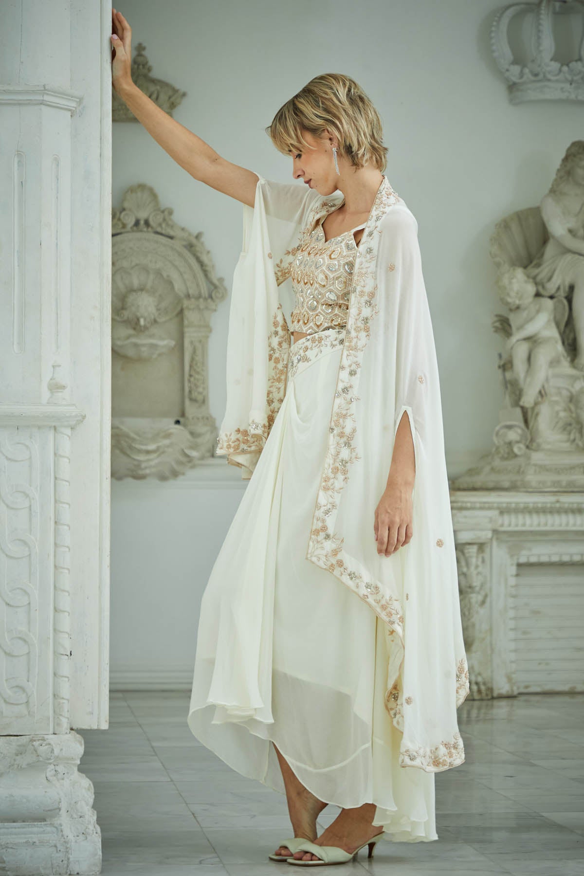 White Drape Skirt & Jacket Set