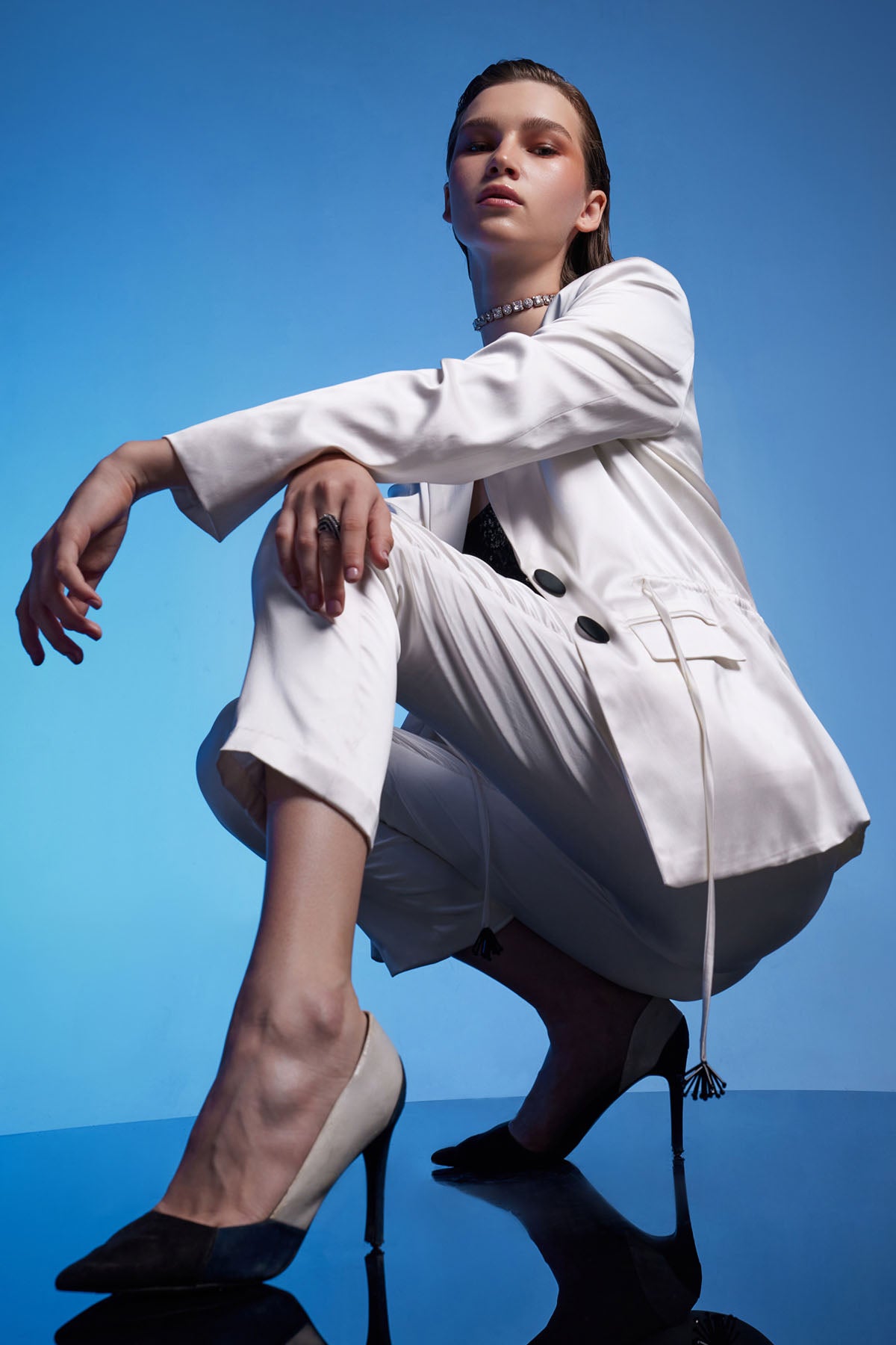 White Drawstring Blazer & Pants Set