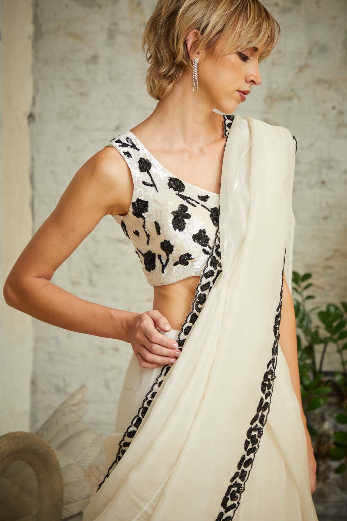 White Embroidered Saree Set