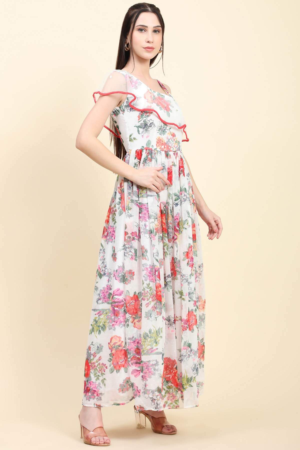 White Georgette Print Dress