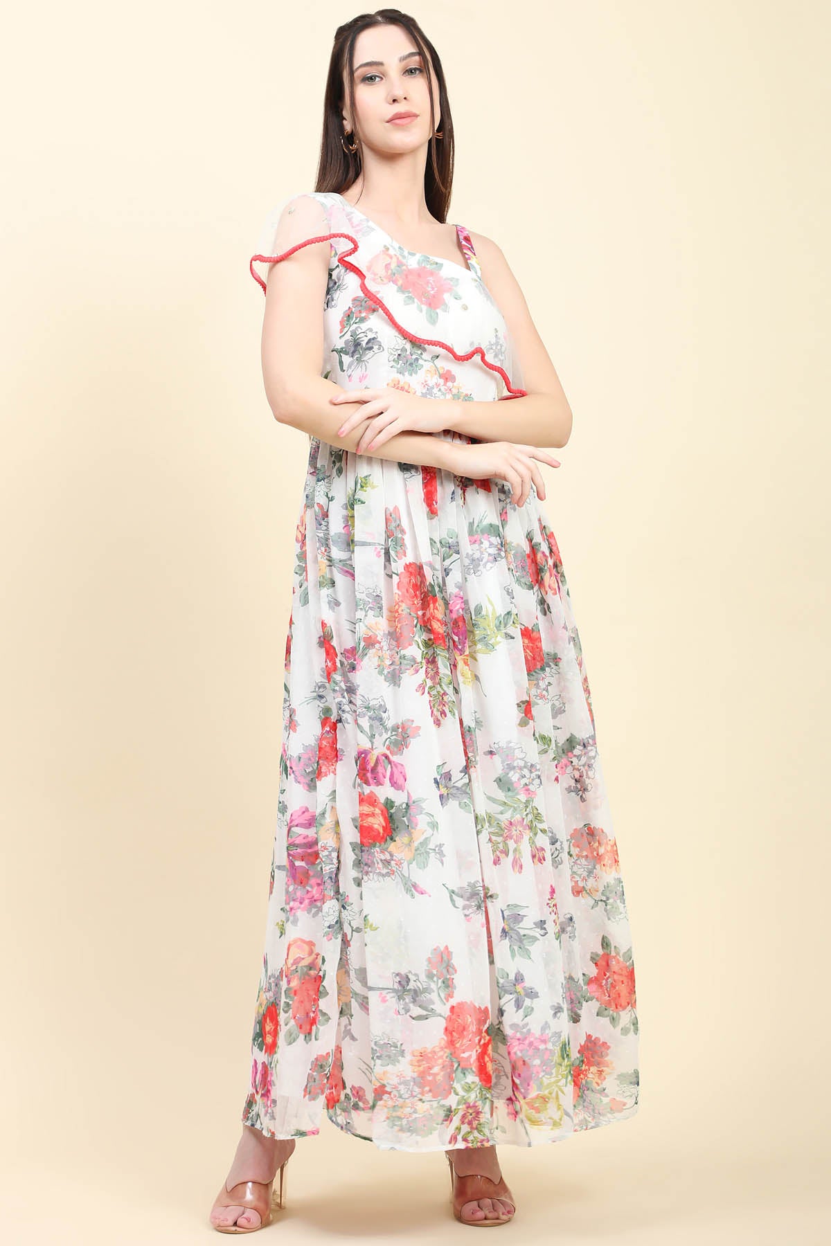 White Georgette Print Dress