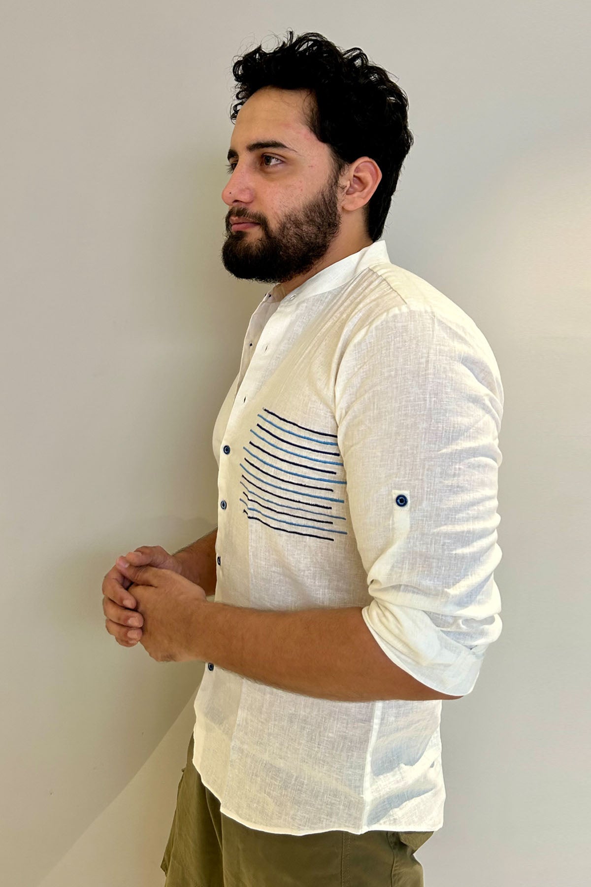 White Linen Chinese Collar Shirt