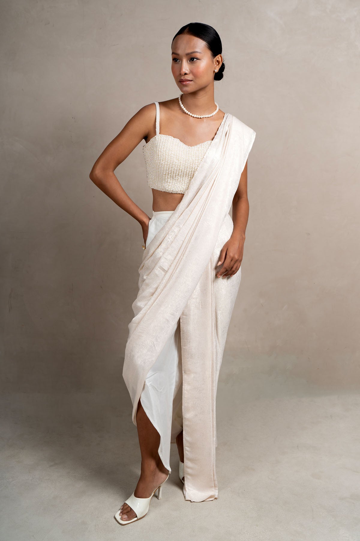 White Pre Draped Saree Set