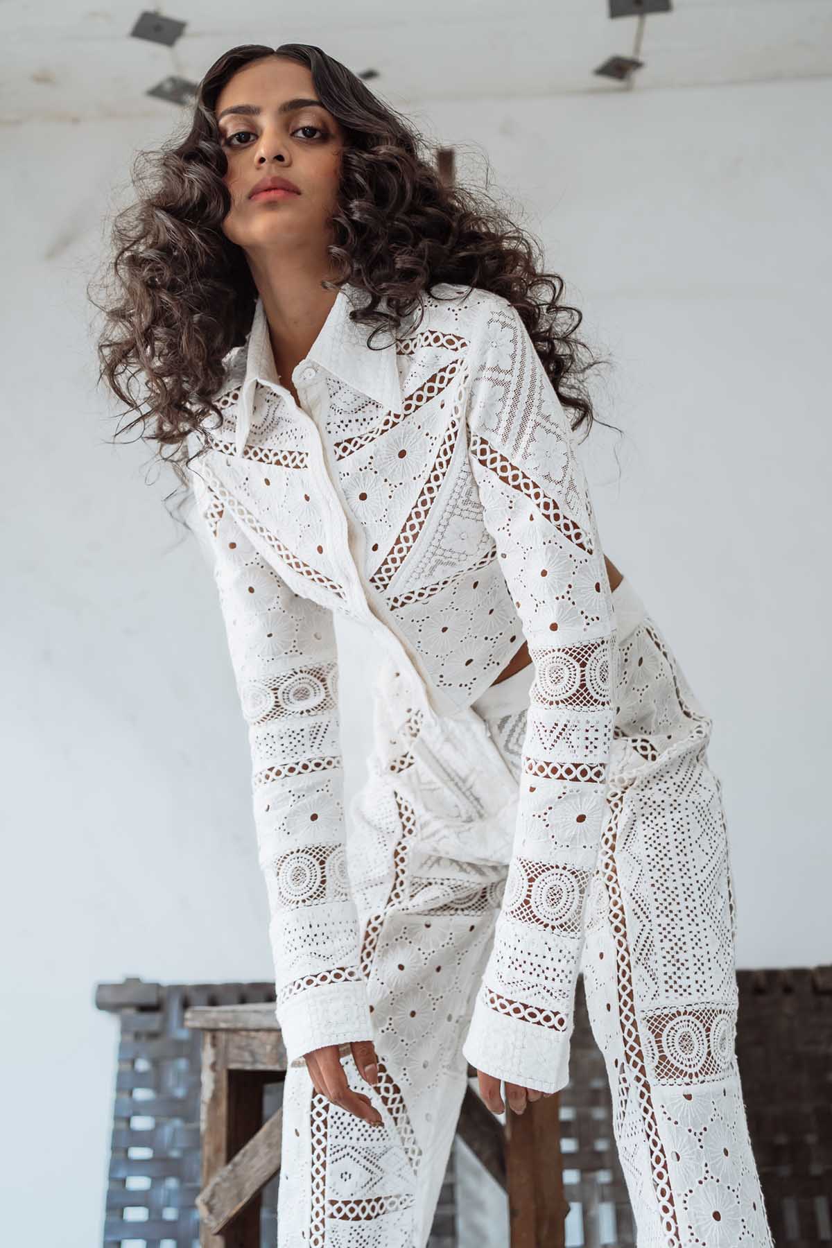 White Schiffli Crop Shirt