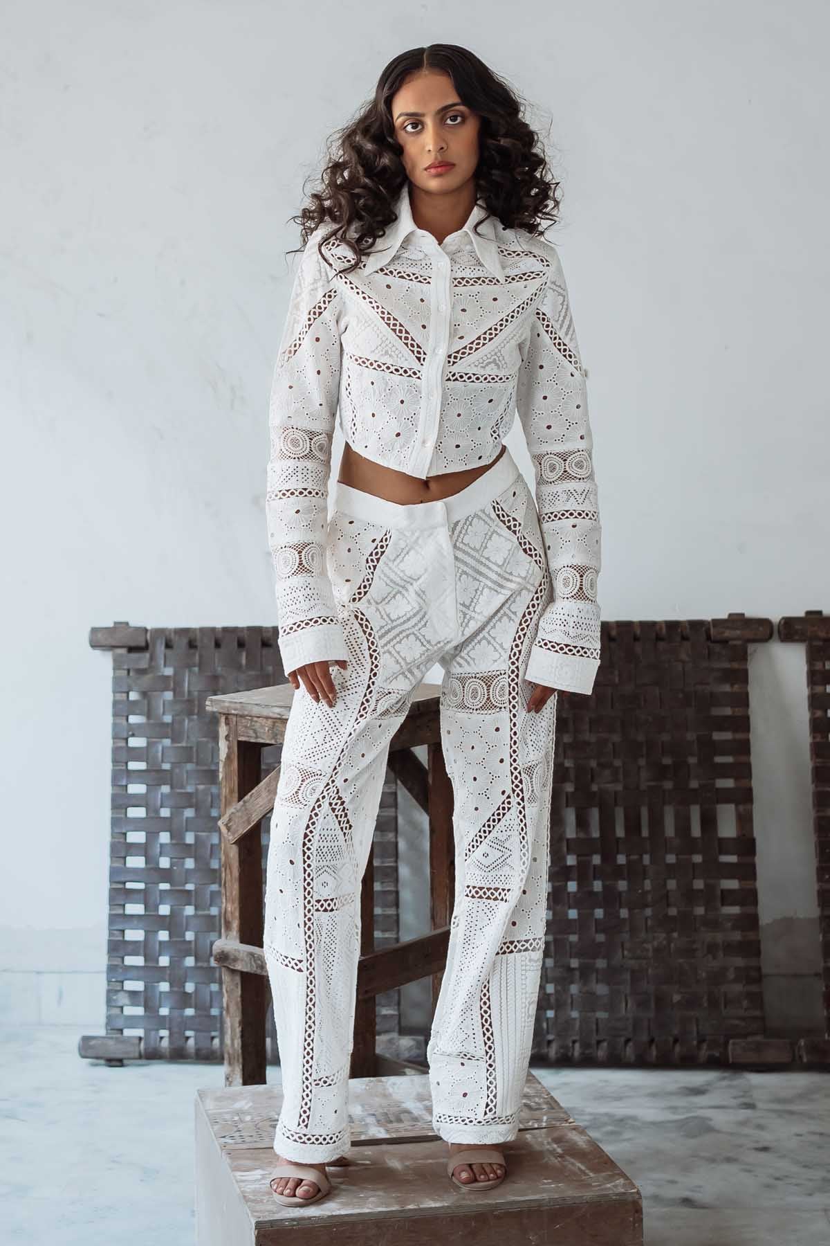 White Schiffli Crop Shirt