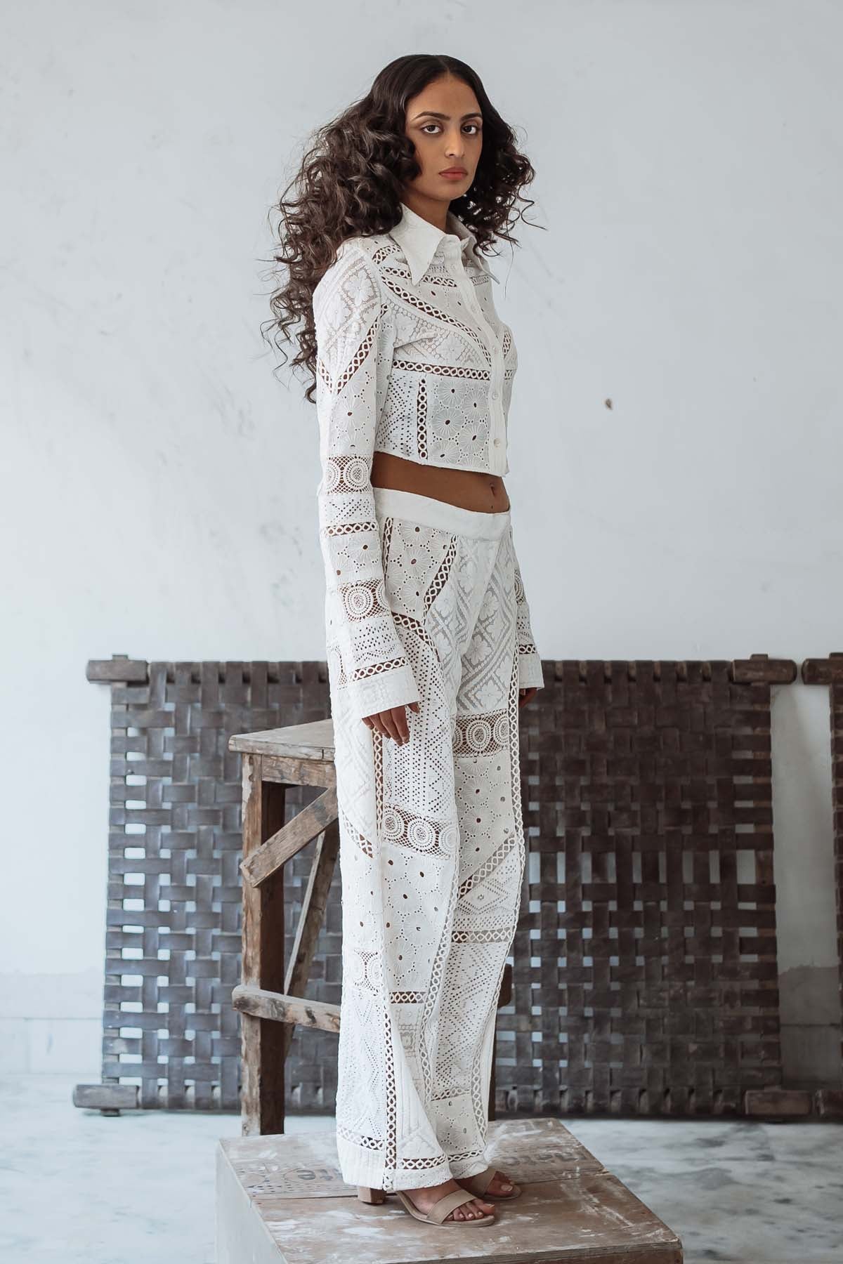 White Schiffli Crop Shirt