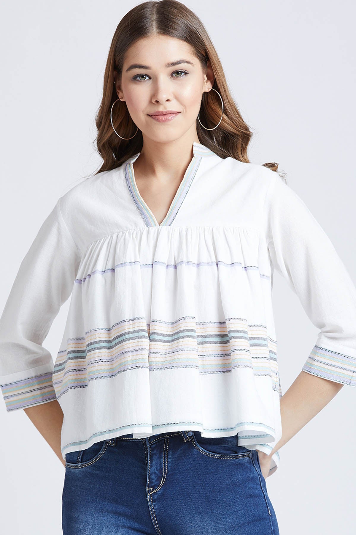 White Striped Flare Cotton Top