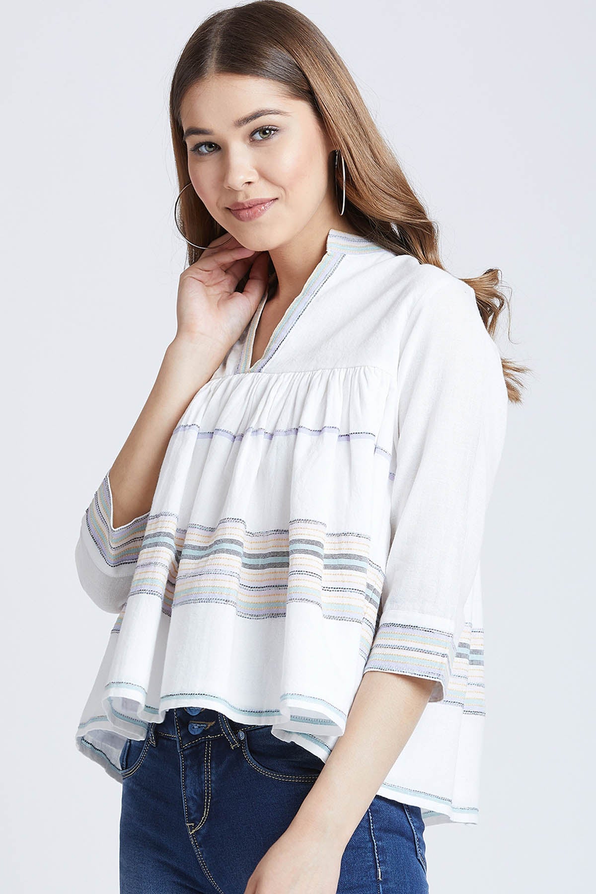 White Striped Flare Cotton Top