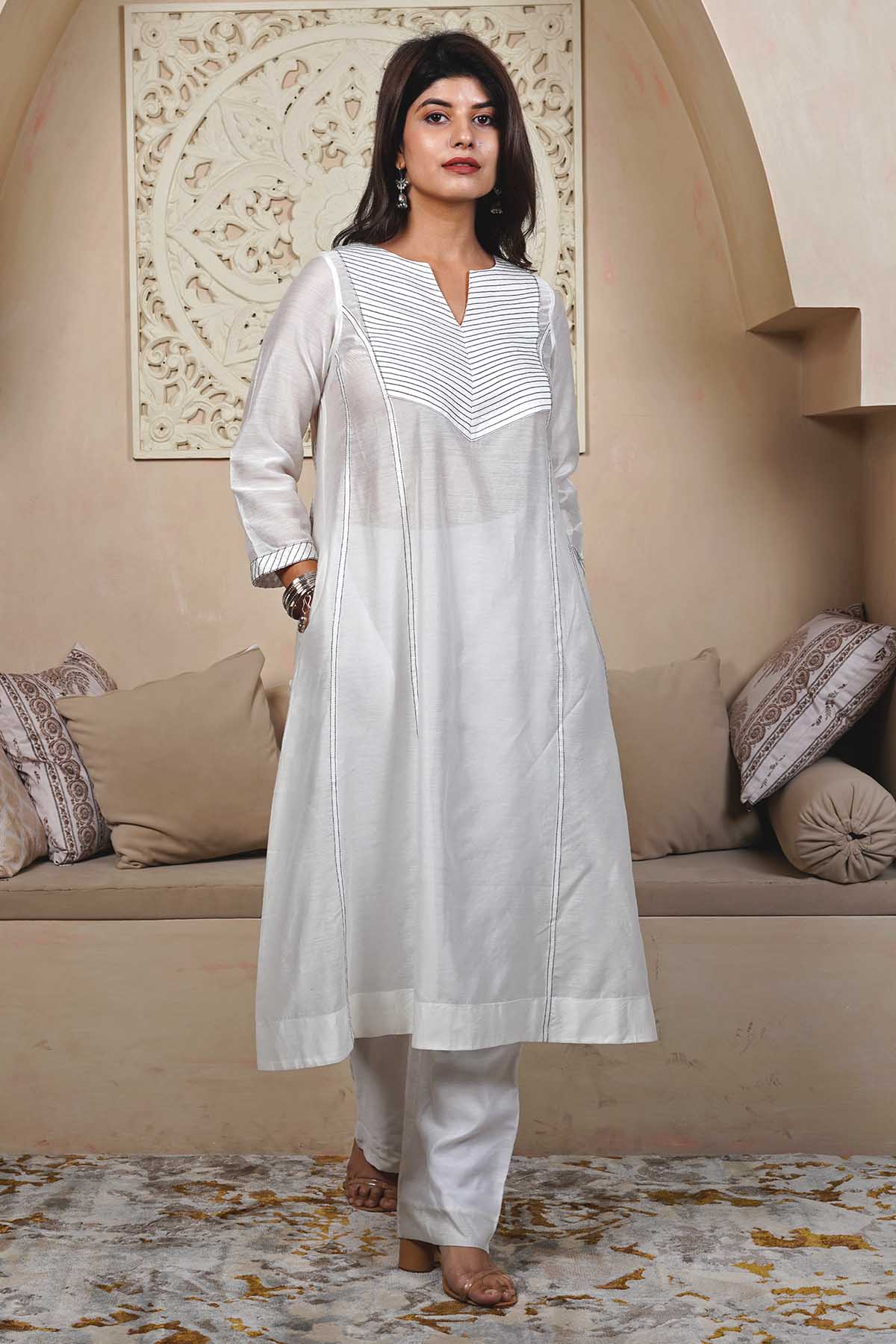 Imrie White A-Line Pintuck Kurta Set for women online at ScrollnShops