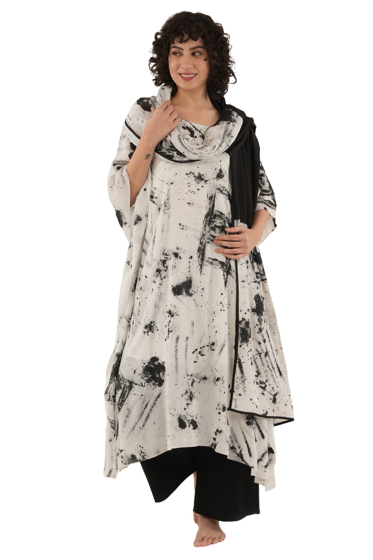 White And Black Silk Kurta Set