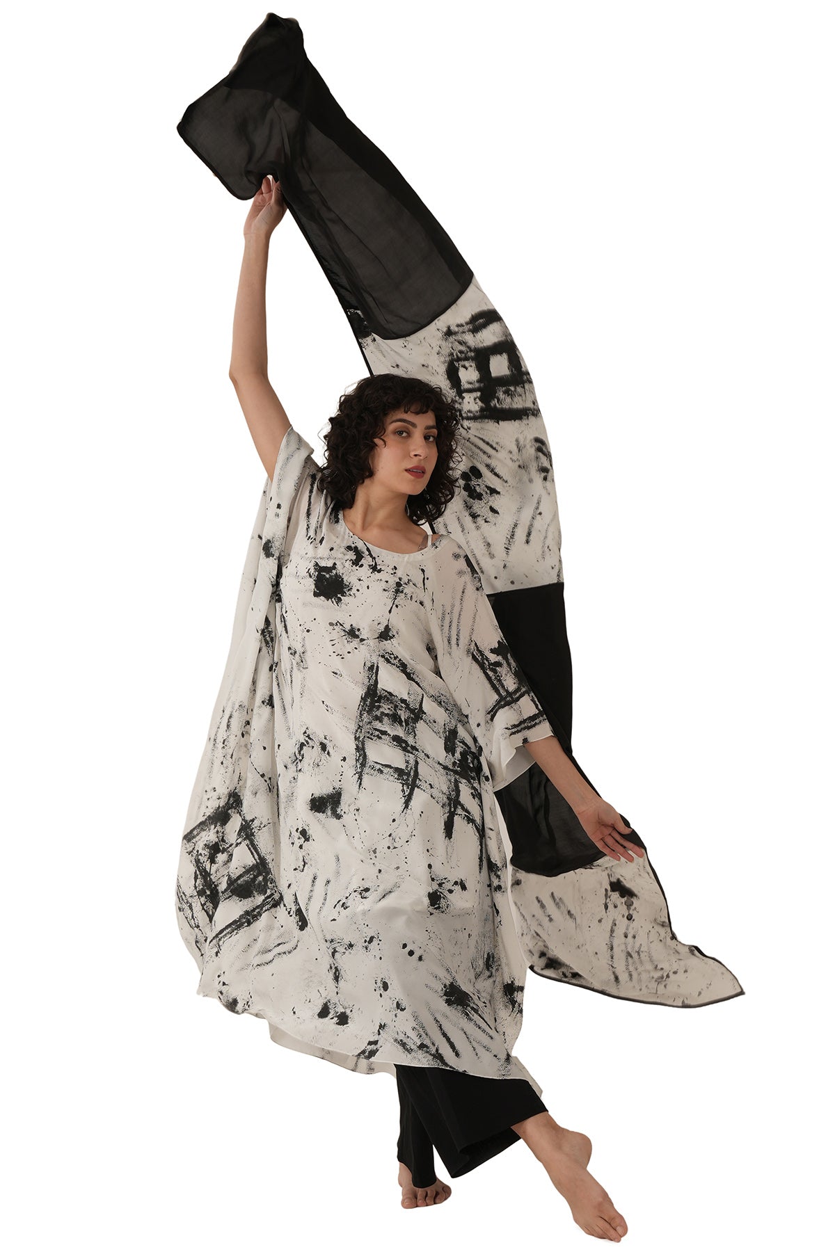 White And Black Silk Kurta Set