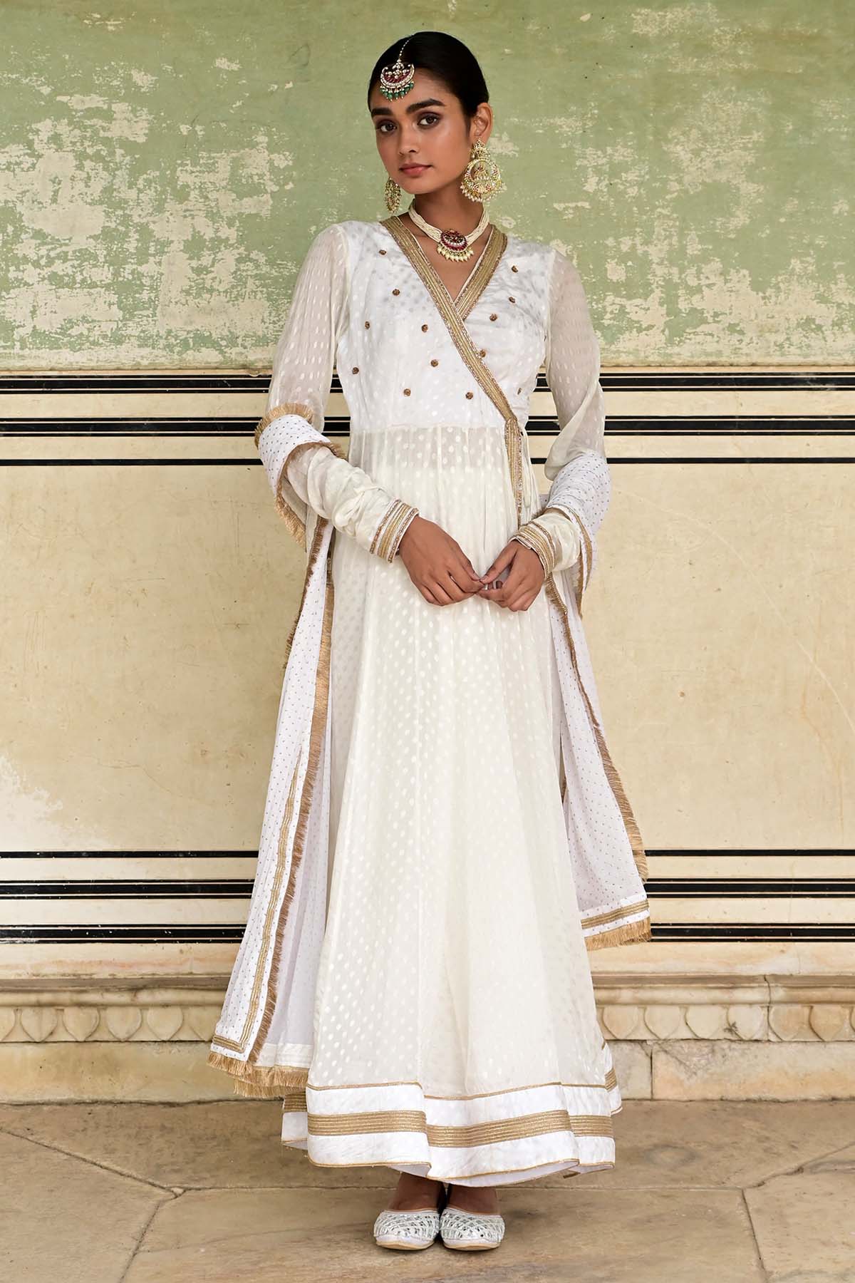 Taro India White Angrakha Anarkali Set for women online at ScrollnShops