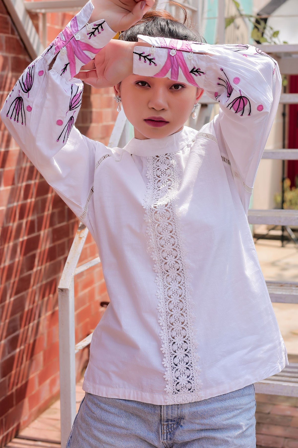 Buy White Applique Work Reglan Top by OSKOS for women online at ScrollnShops