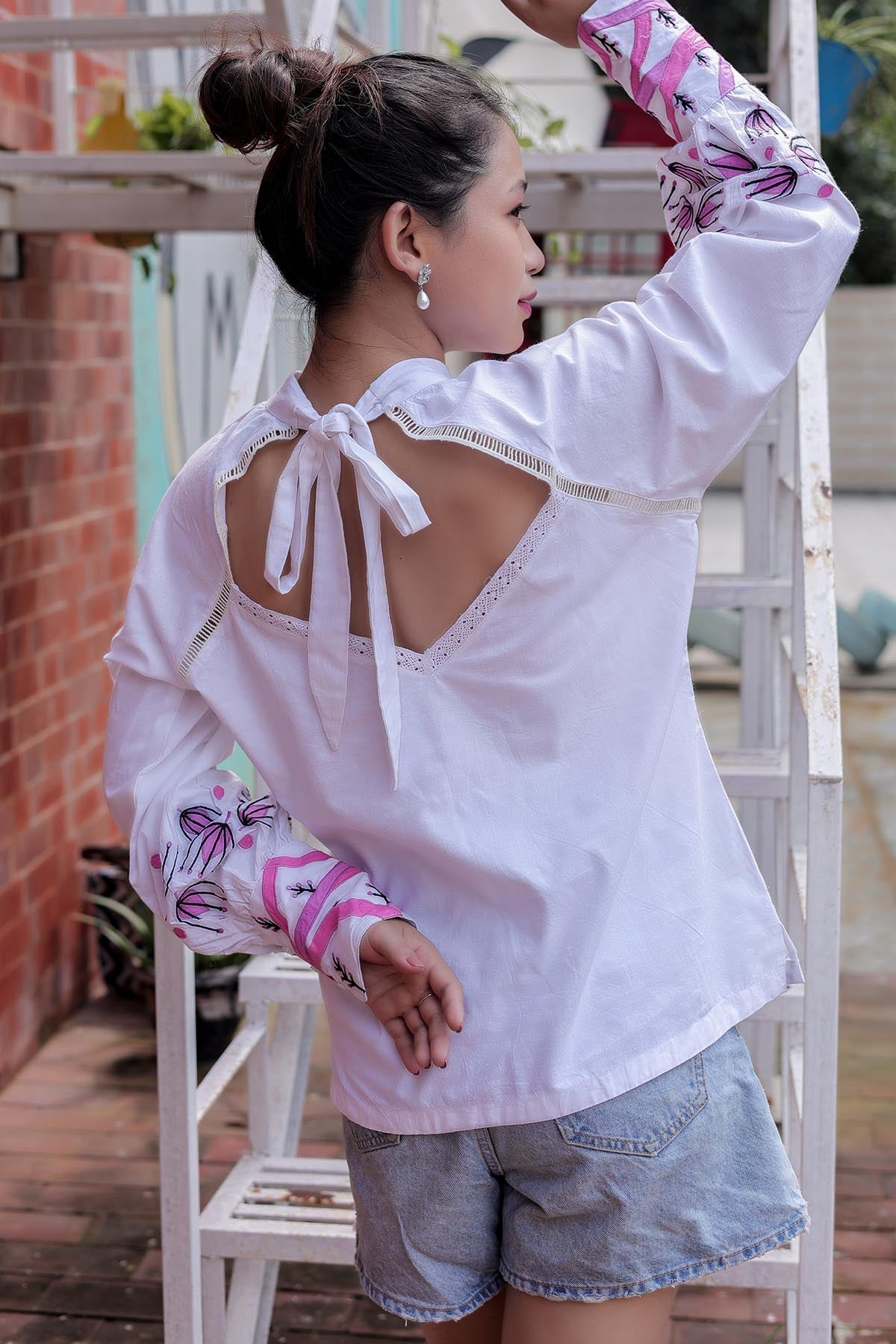 White Applique Work Reglan Top