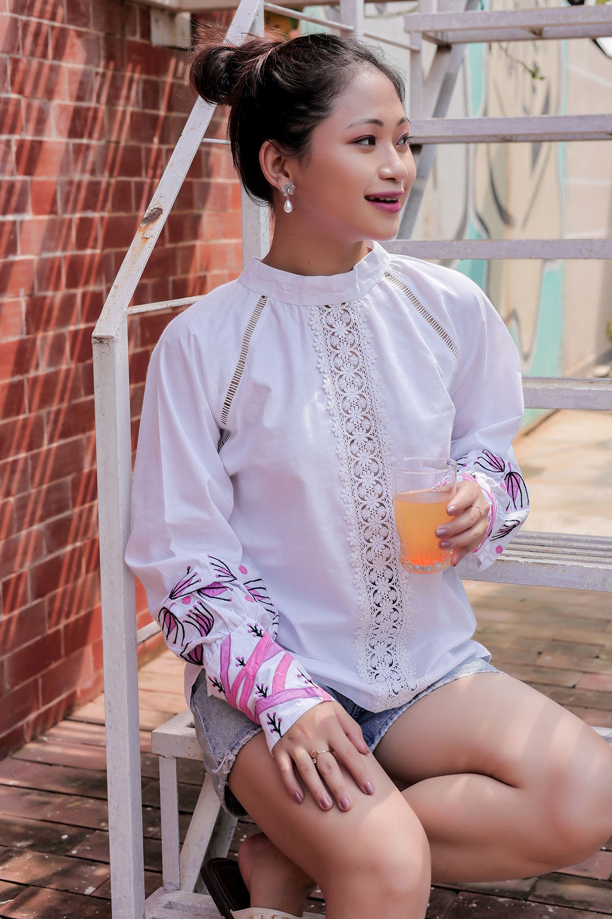 White Applique Work Reglan Top