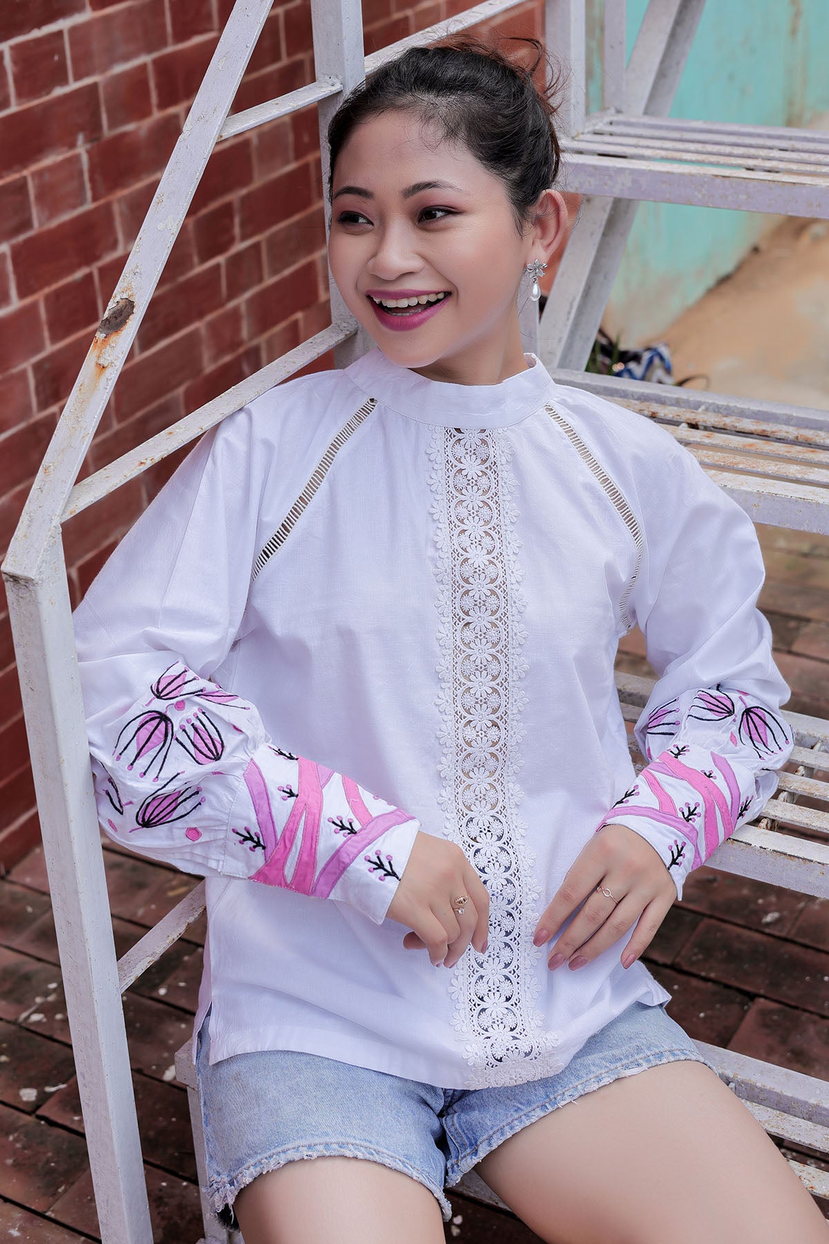 White Applique Work Reglan Top