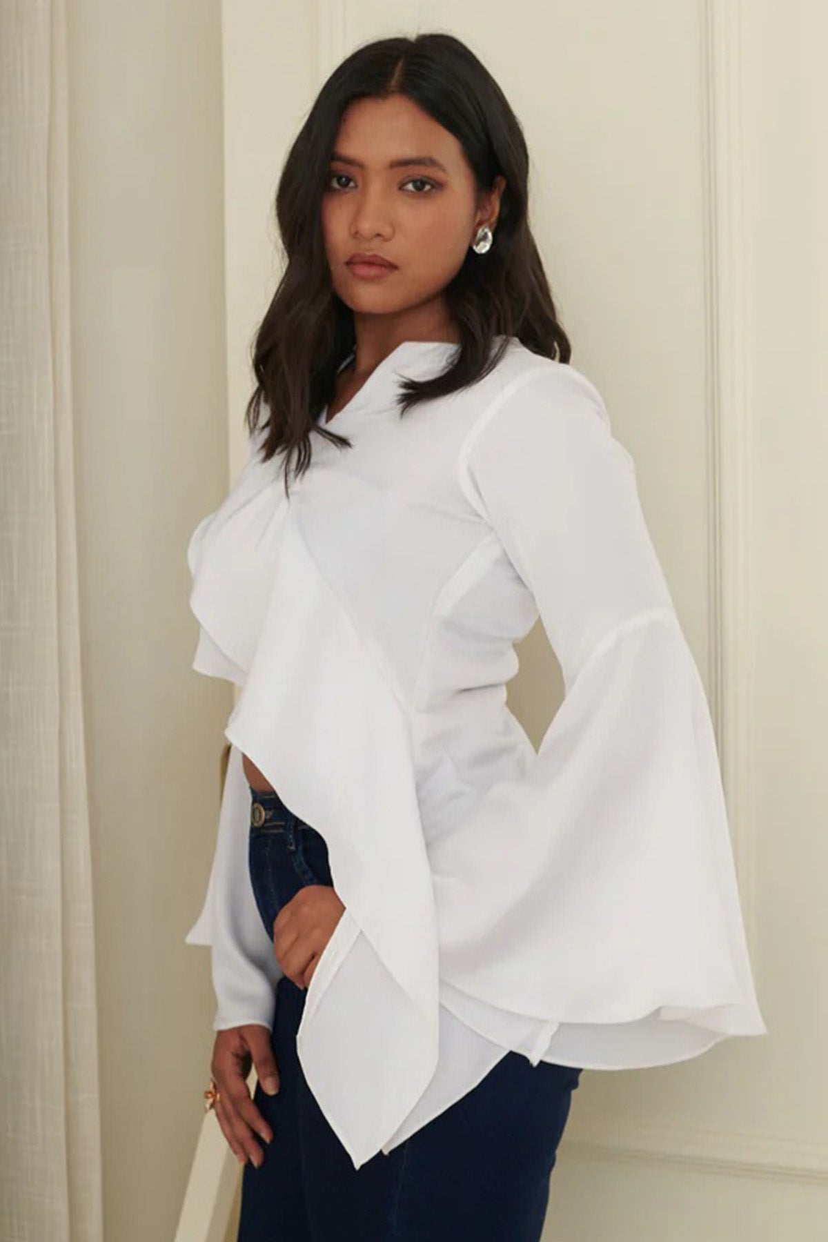 White Asymmetric Frill Crop Top