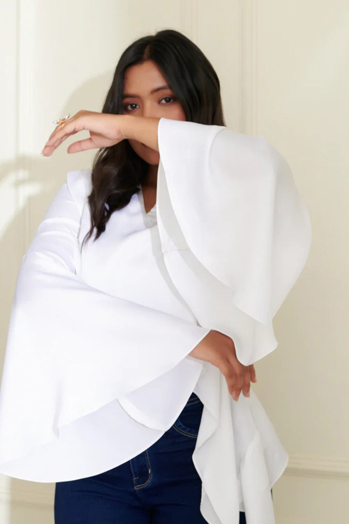 White Asymmetric Frill Crop Top