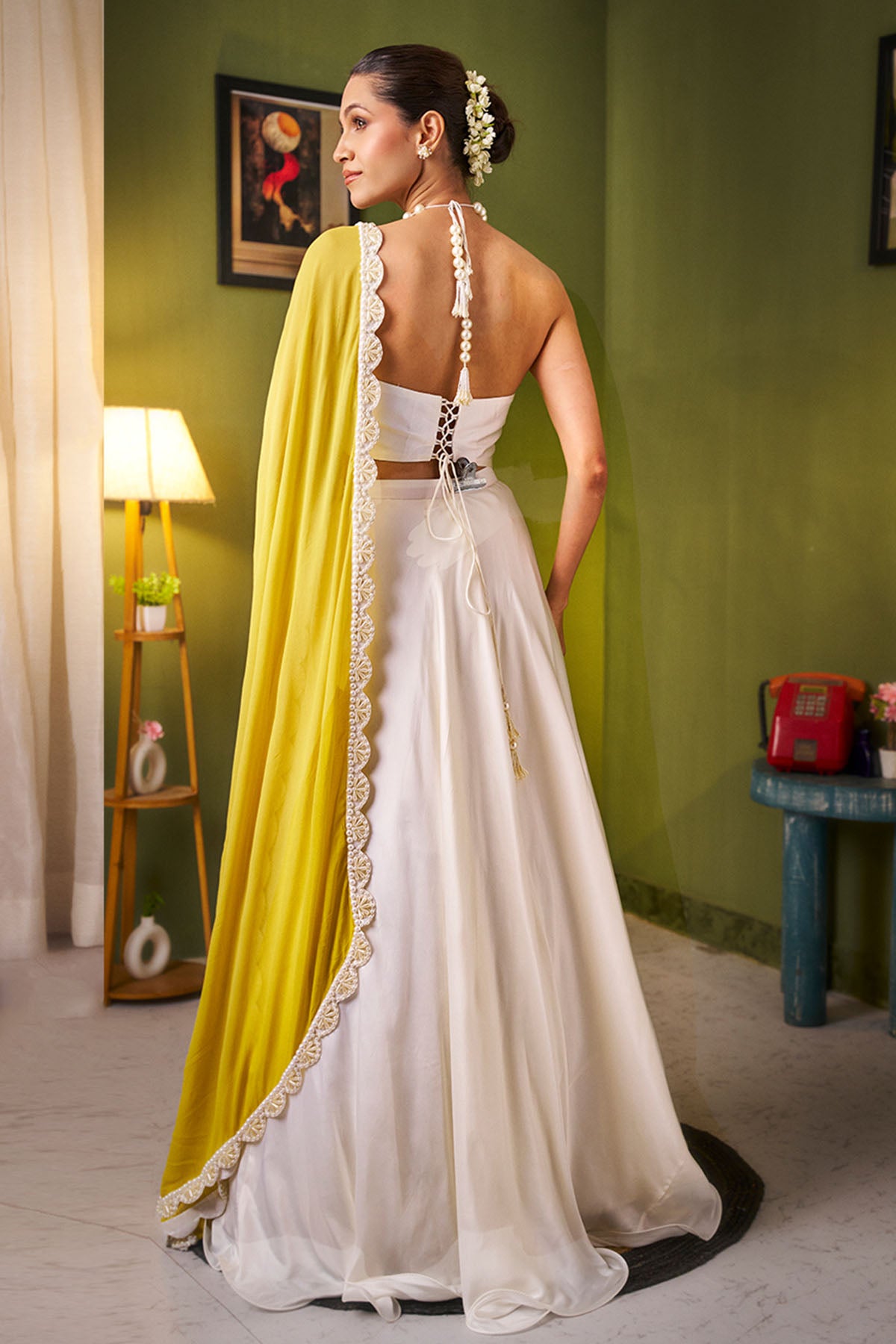 White Bamberg Satin Lehenga Set
