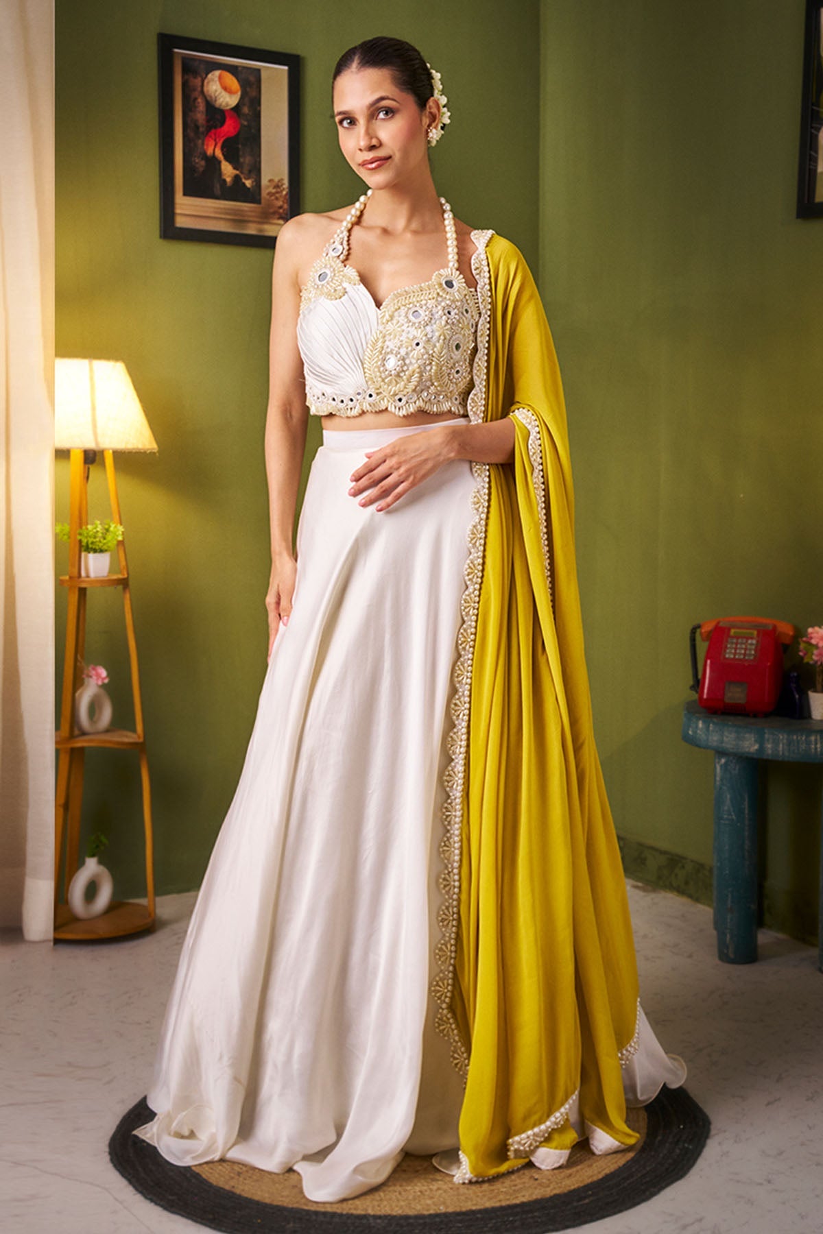 Buy White Bamberg Satin Lehenga Set for women by Ricka Gauba online available at scrollnshops